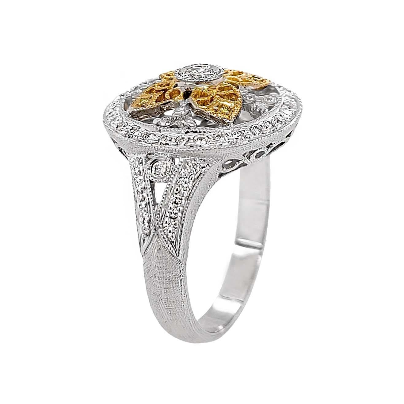 Artisan Florentine Finished Flower Motif Two-Tone 18 Karat Gold Italian Diamond Ring For Sale