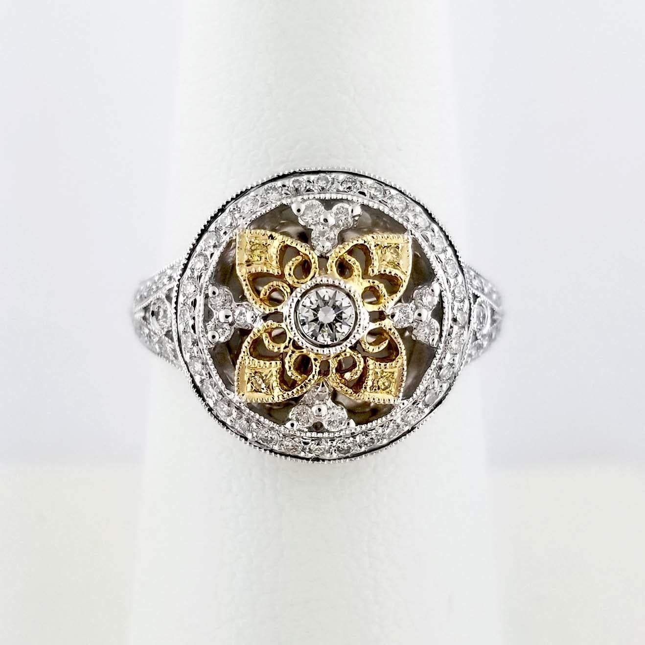 Round Cut Florentine Finished Flower Motif Two-Tone 18 Karat Gold Italian Diamond Ring For Sale