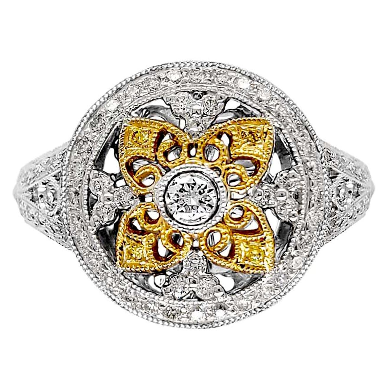 Florentine Finished Flower Motif Two-Tone 18 Karat Gold Italian Diamond Ring For Sale