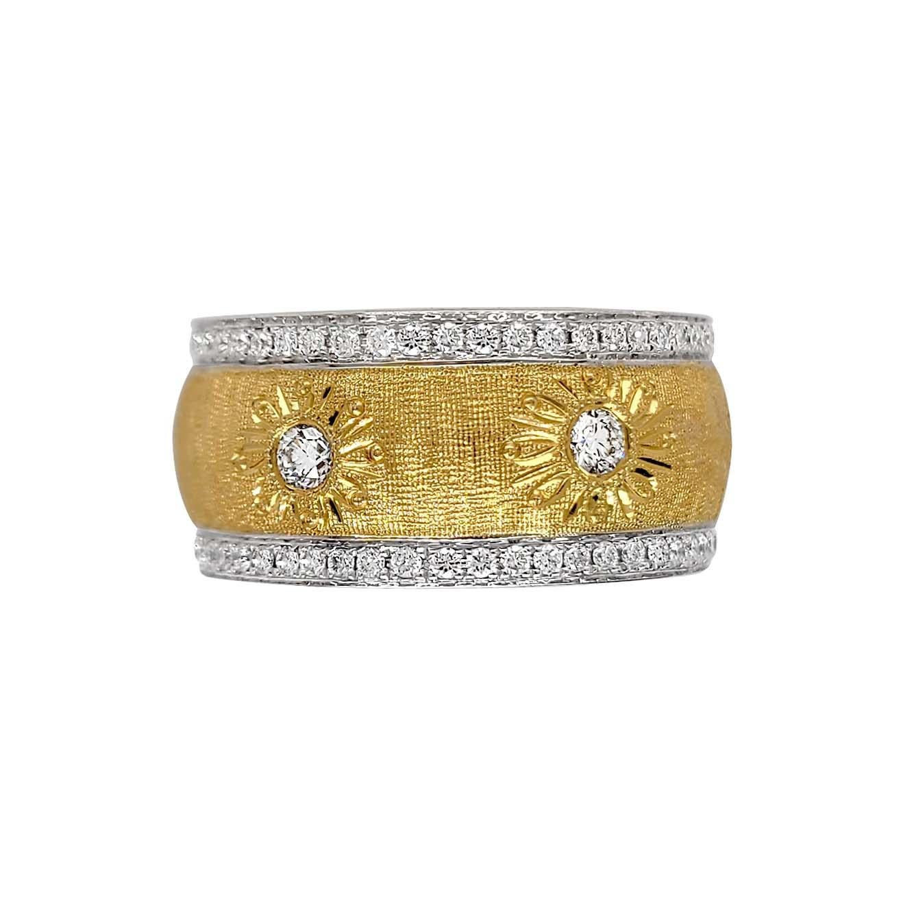 Produced by award winning Italian designer Stefano Vitolo. Stefano creates custom artisanal one of a kind jewelry with excellent gemstones in a truly old world Italian craftmanship.
This handcrafted ring has 0.89 total carat weight of F/G color and