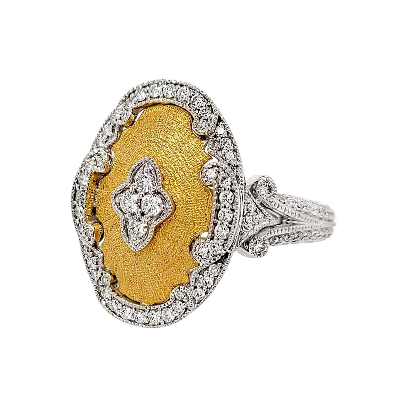 Produced by award winning Italian designer Stefano Vitolo. Stefano creates custom artisanal one of a kind jewelry with excellent gemstones in a truly old world Italian craftmanship.
This handcrafted ring has 0.64 total carat weight of F/G color and