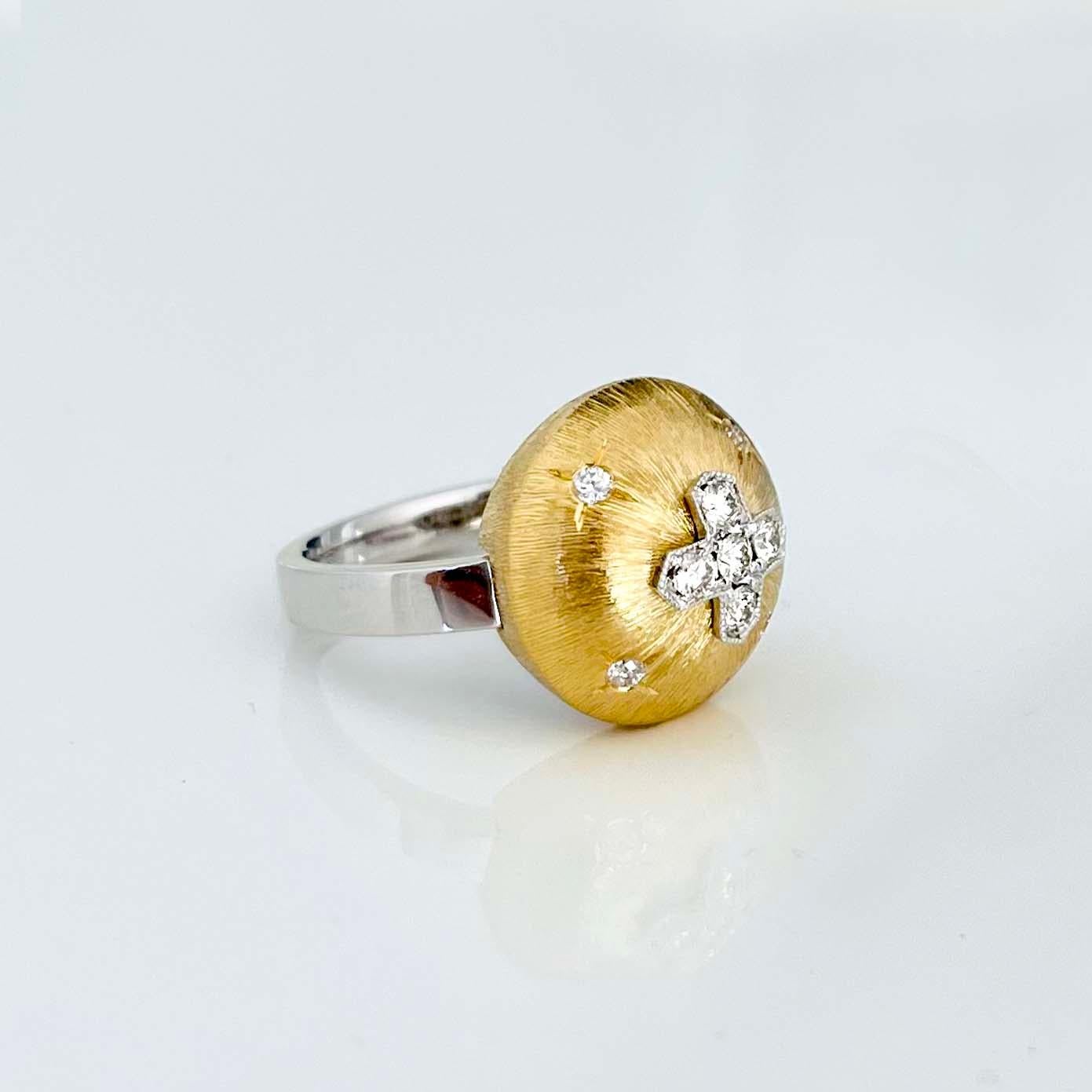 Artisan Florentine Finished Two-Tone 18 Karat Gold Italian Diamond Ring For Sale