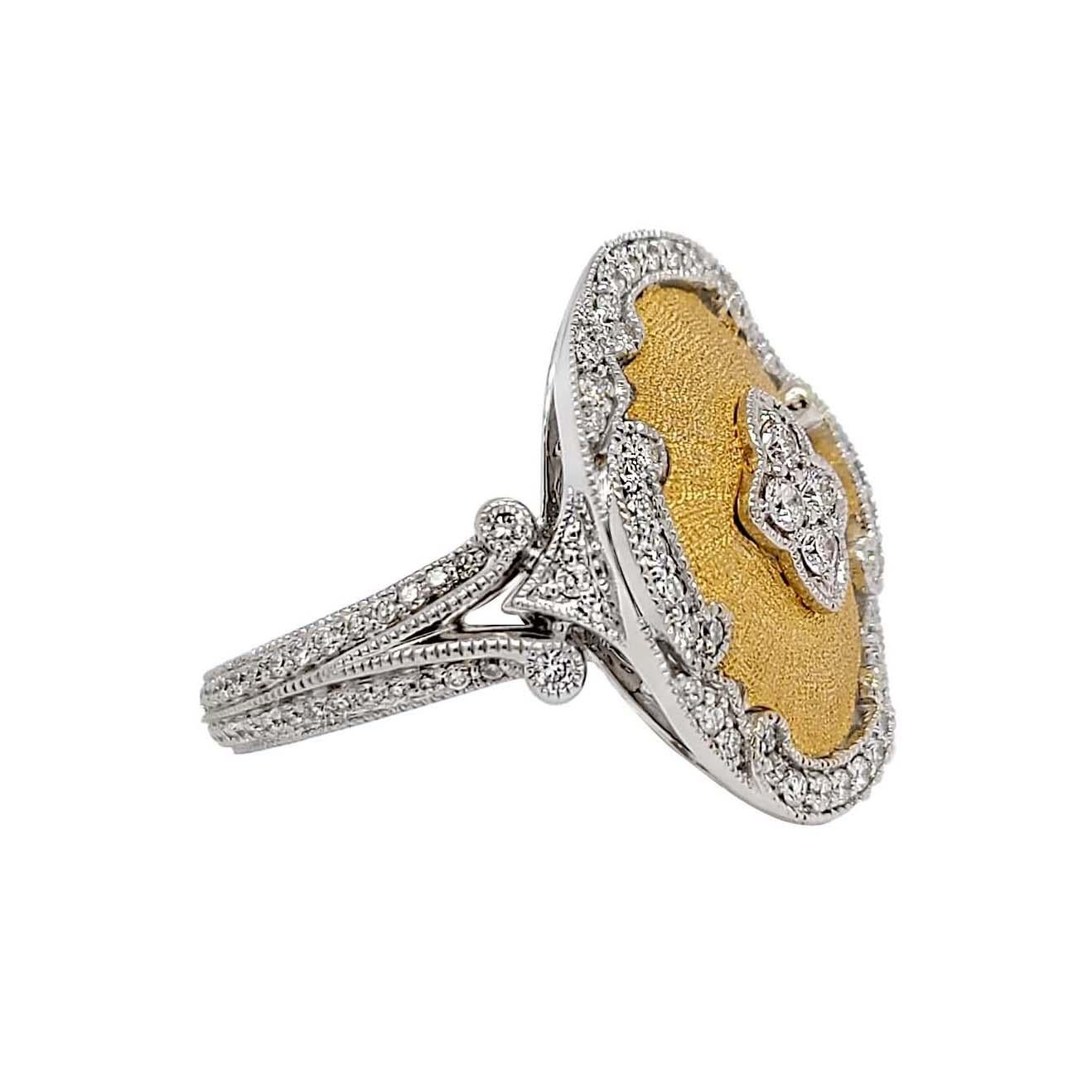 Artisan Florentine Finished Two-Tone 18 Karat Gold Italian Diamond Ring For Sale