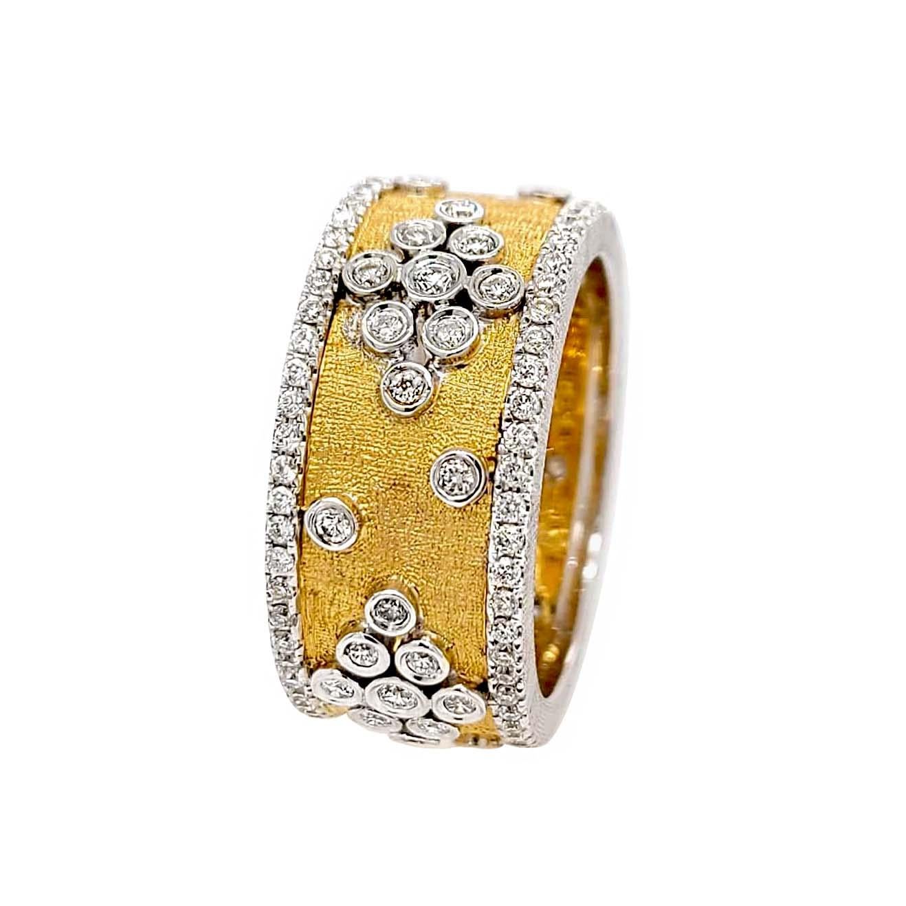 Round Cut Florentine Finished Two-Tone 18 Karat Gold Italian Diamond Ring For Sale