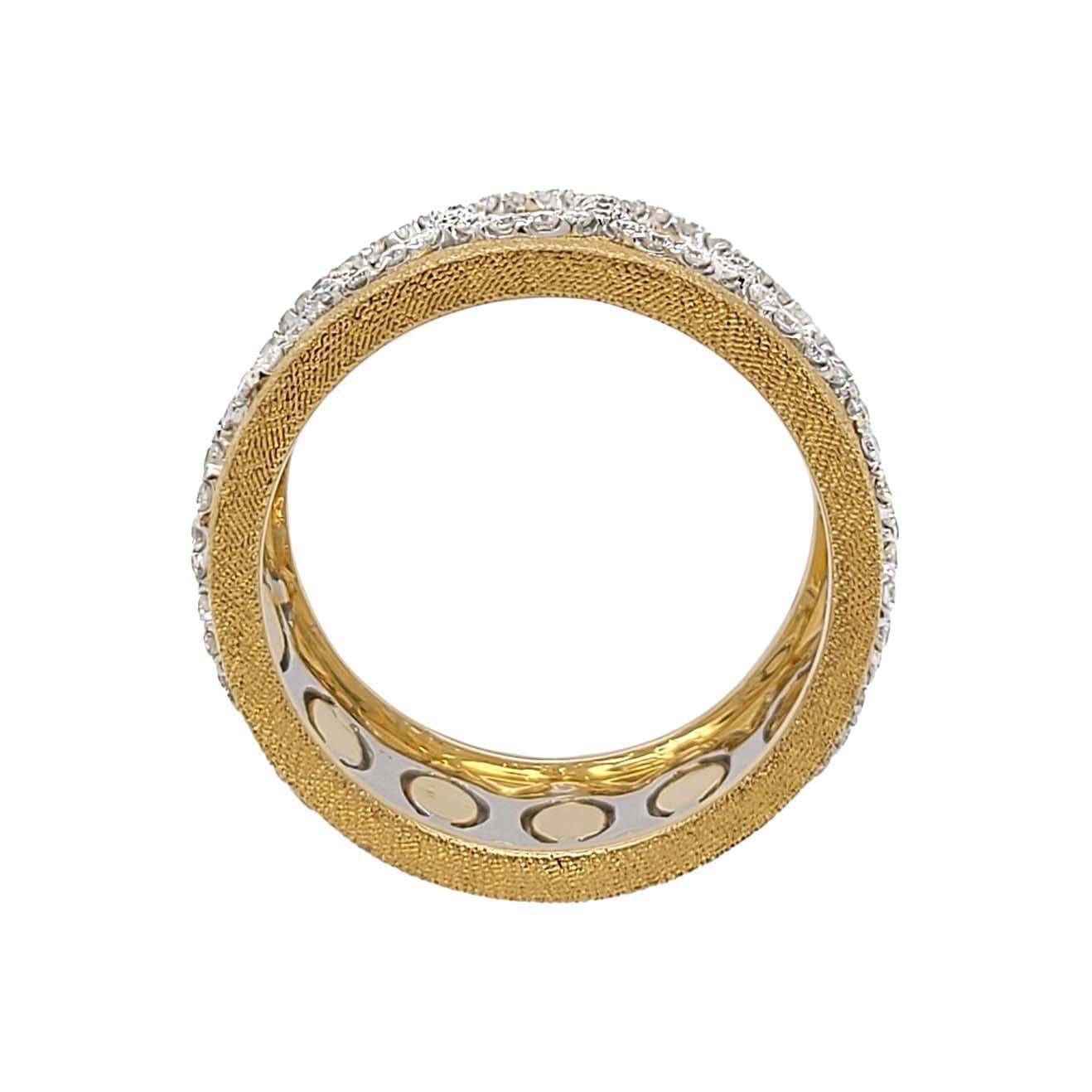 Round Cut Florentine Finished Two-Tone 18 Karat Gold Italian Diamond Ring For Sale