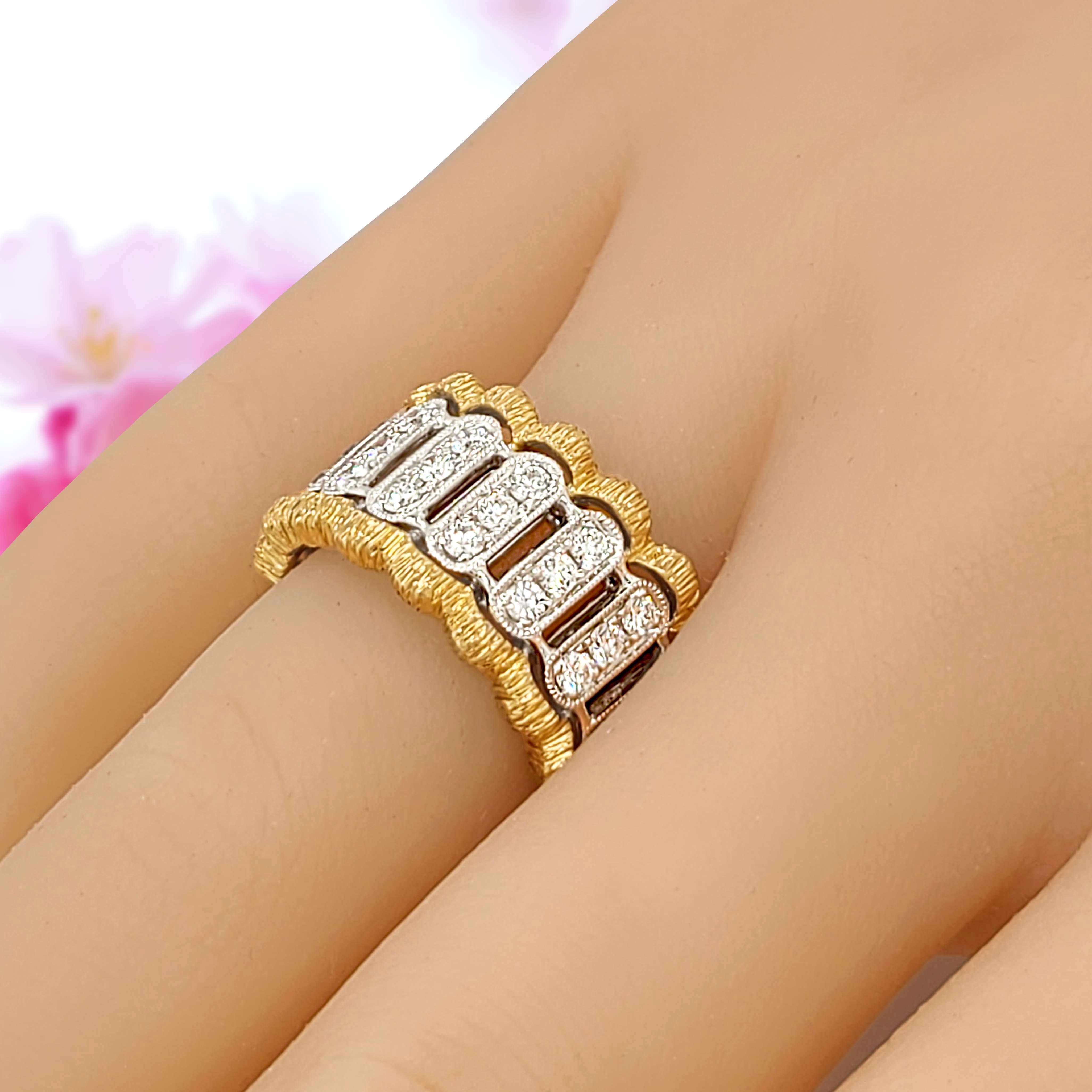 Taille ronde Bague italienne en or bicolore 18 carats avec diamants, finition florentine en vente