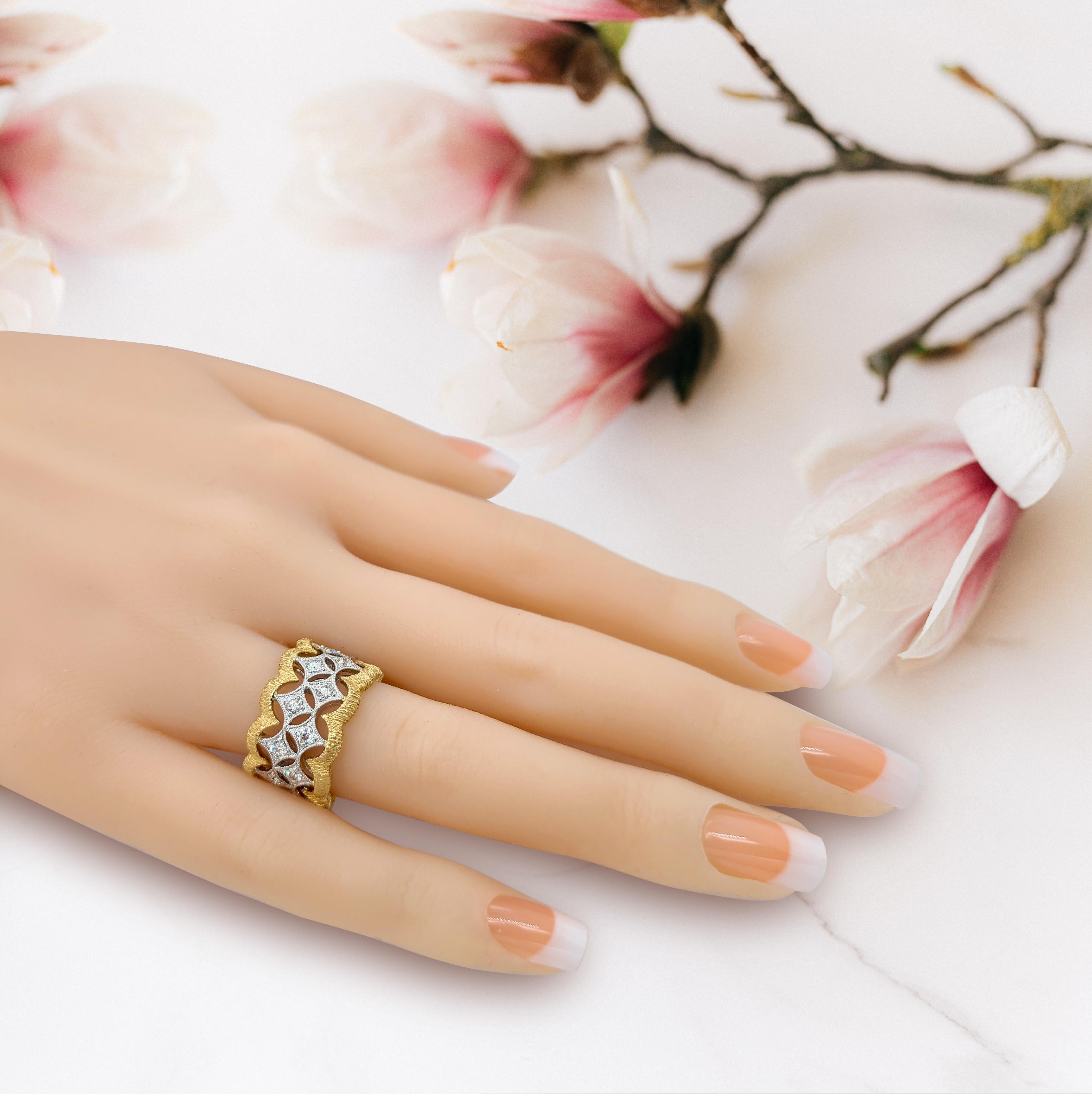 Round Cut Florentine Finished Two-Tone 18 Karat Gold Italian Diamond Ring For Sale