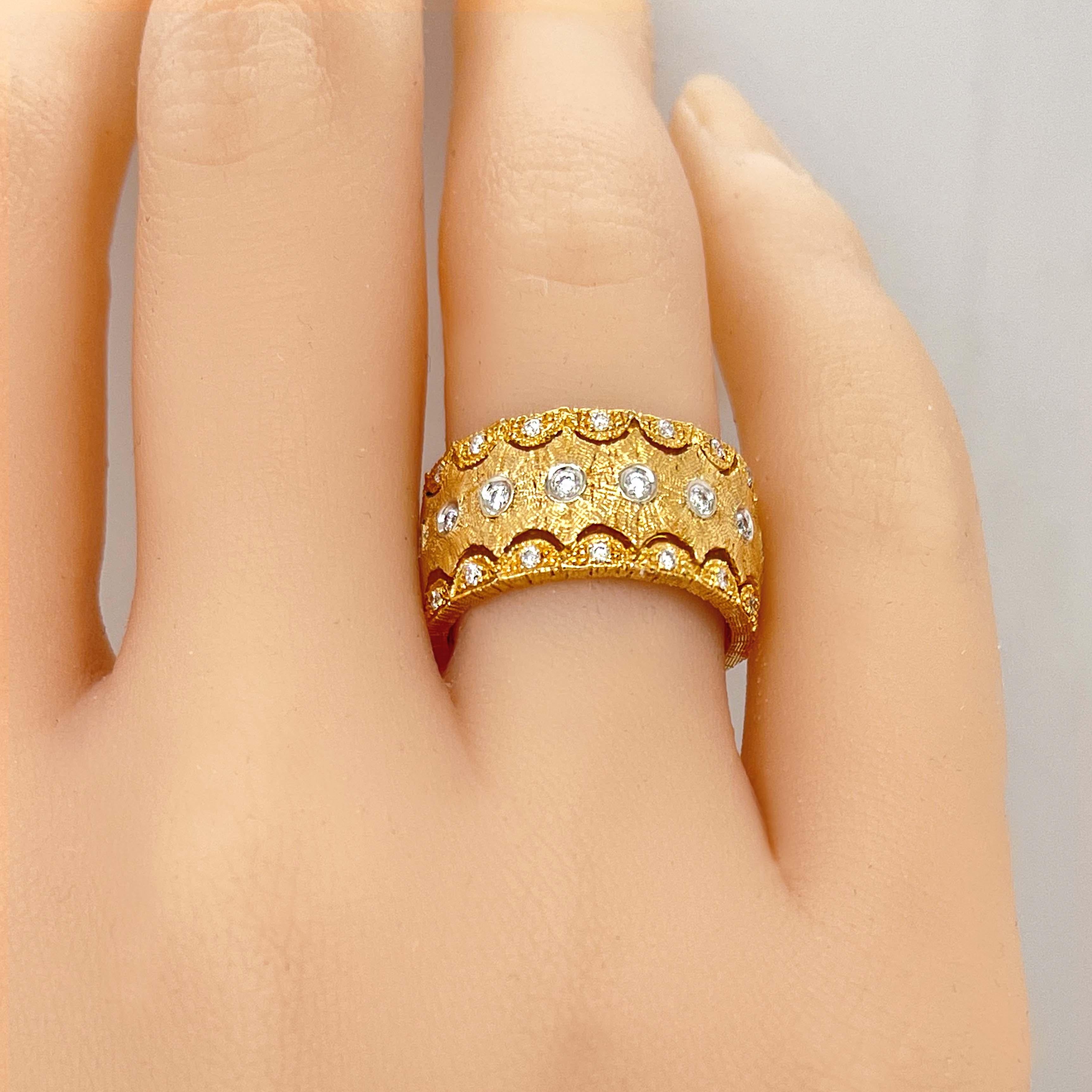 Women's or Men's Florentine Finished Two-Tone 18 Karat Gold Italian Diamond Ring For Sale