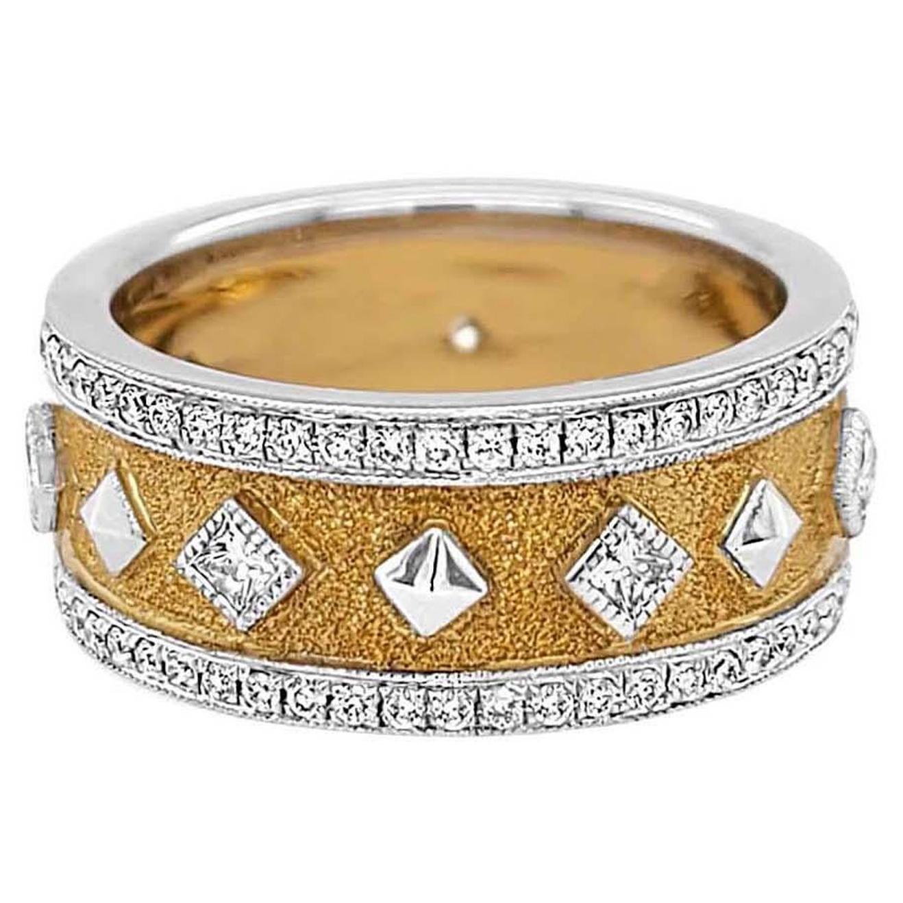 Bague italienne en or bicolore 18 carats avec diamants, finition florentine