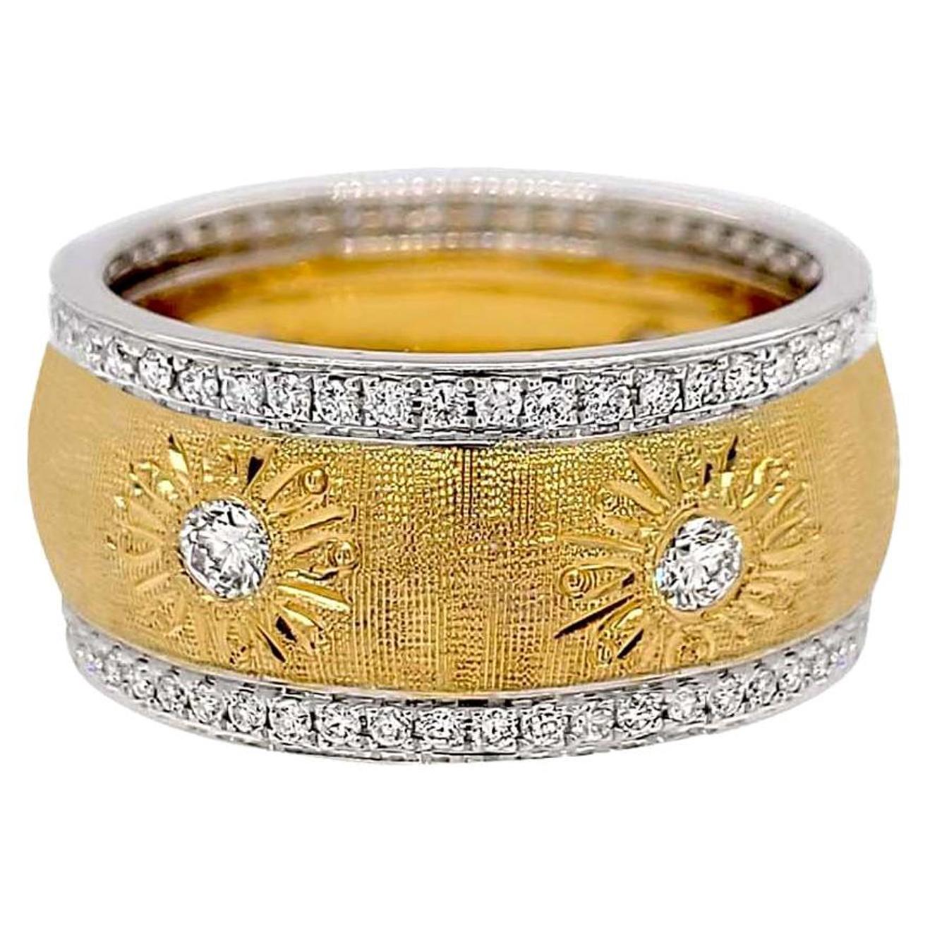 Florentine Finished Two-Tone 18 Karat Gold Italian Diamond Ring For Sale