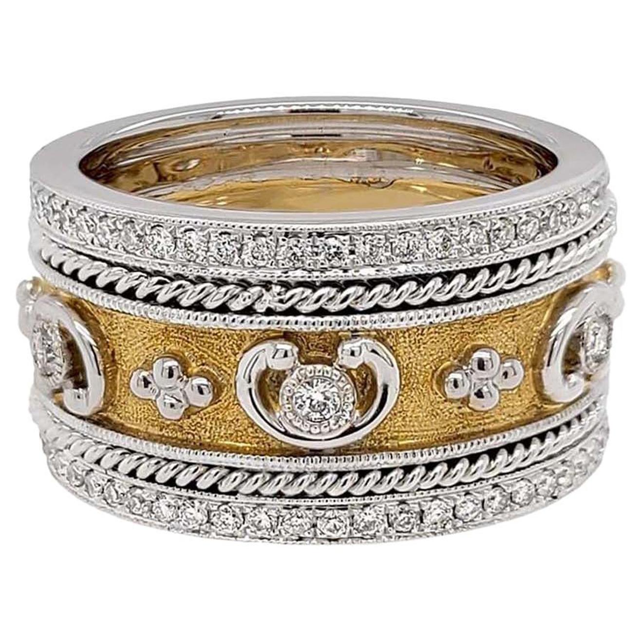 Bague italienne en or bicolore 18 carats avec diamants, finition florentine