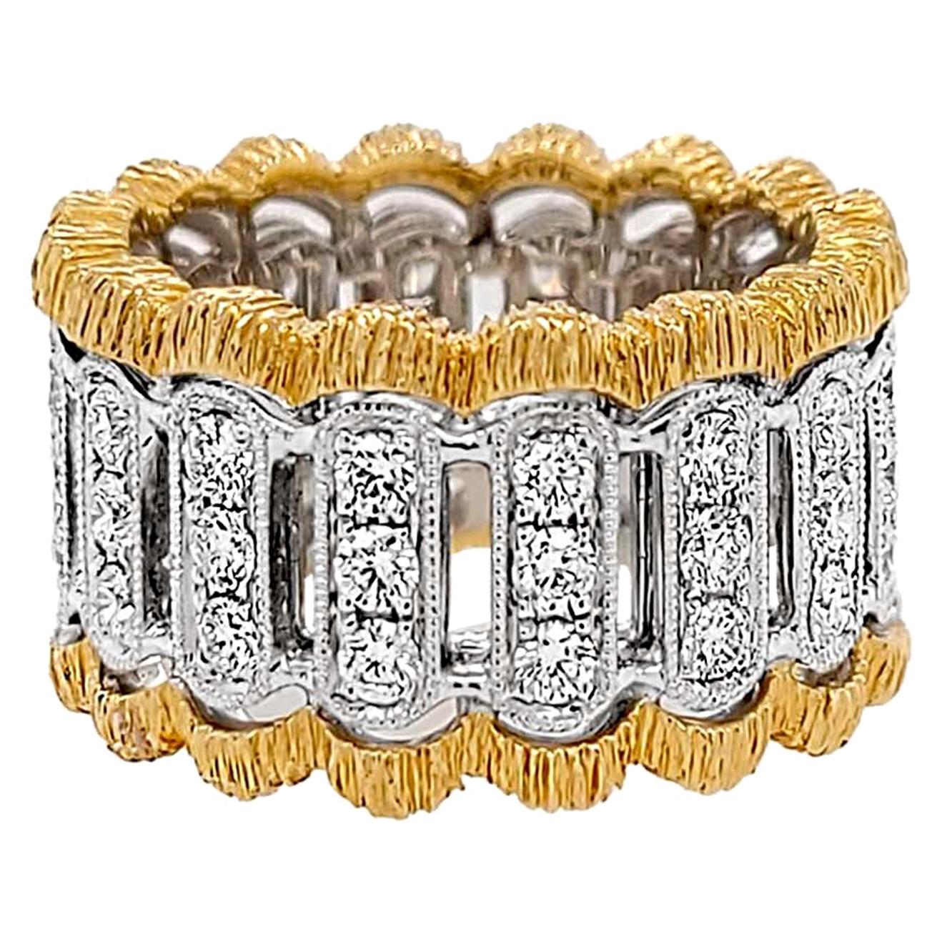 Bague italienne en or bicolore 18 carats avec diamants, finition florentine en vente