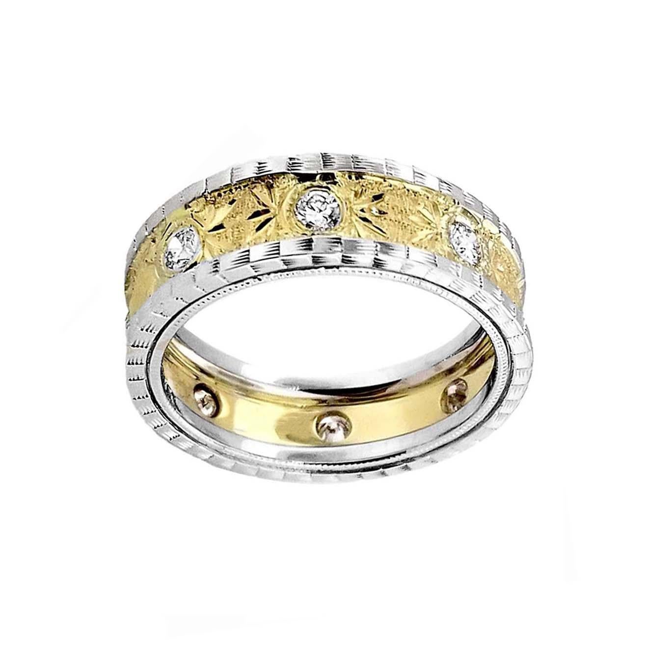 Artisan Florentine Finished Two-Tone 18 Karat Italian Diamond Ring For Sale