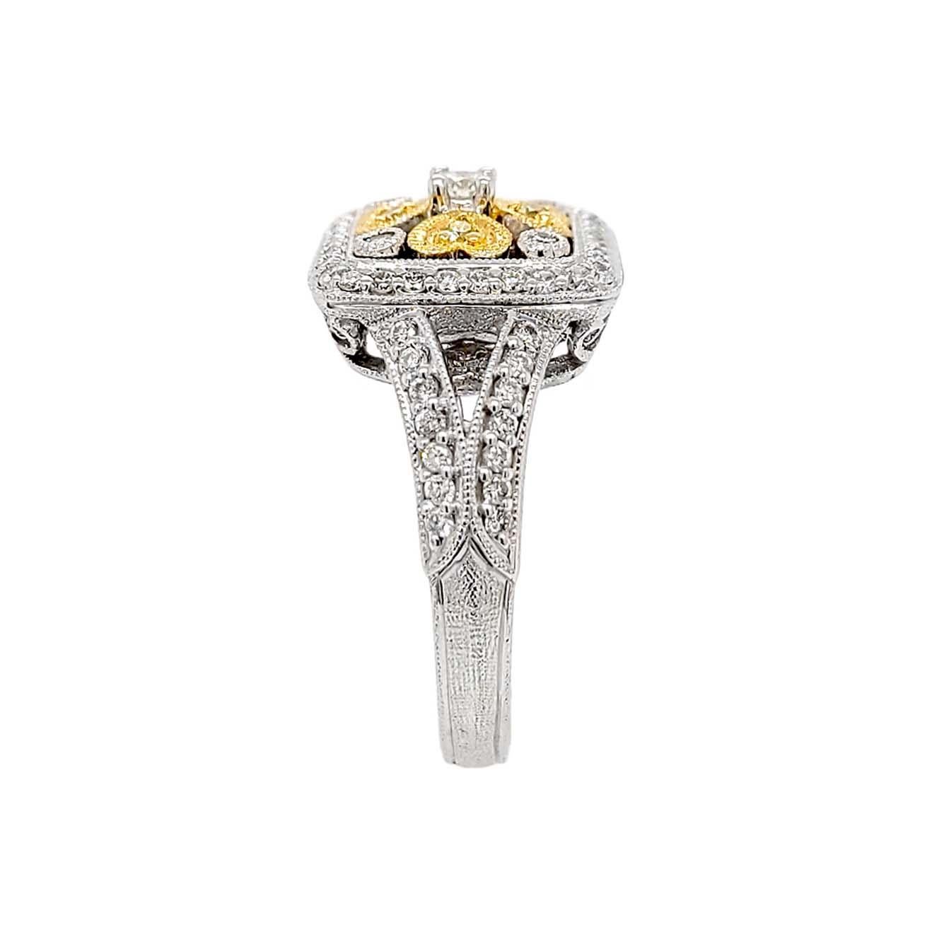 Artisan Florentine Finished Two-Tone Heart Motif 18 Karat Gold Italian Diamond Ring For Sale