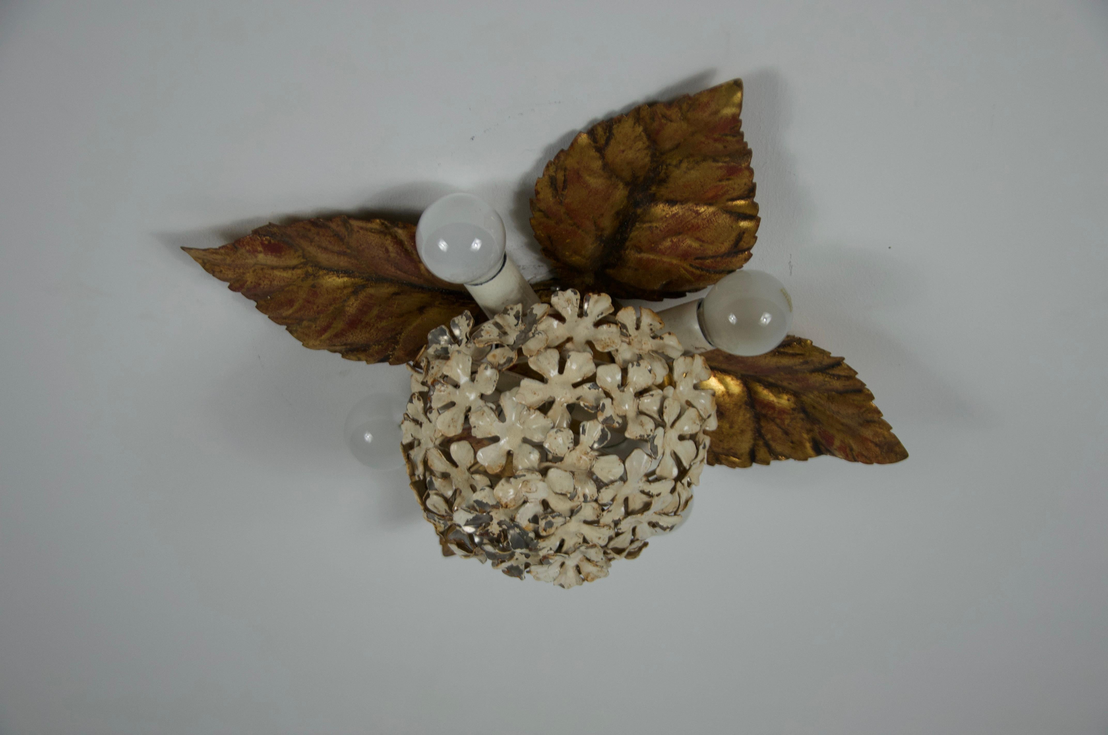 Hand-Crafted Florentine Flower Shape Wall Lamp or Flush Mount by Hans Kögl, Germany, 1960s For Sale