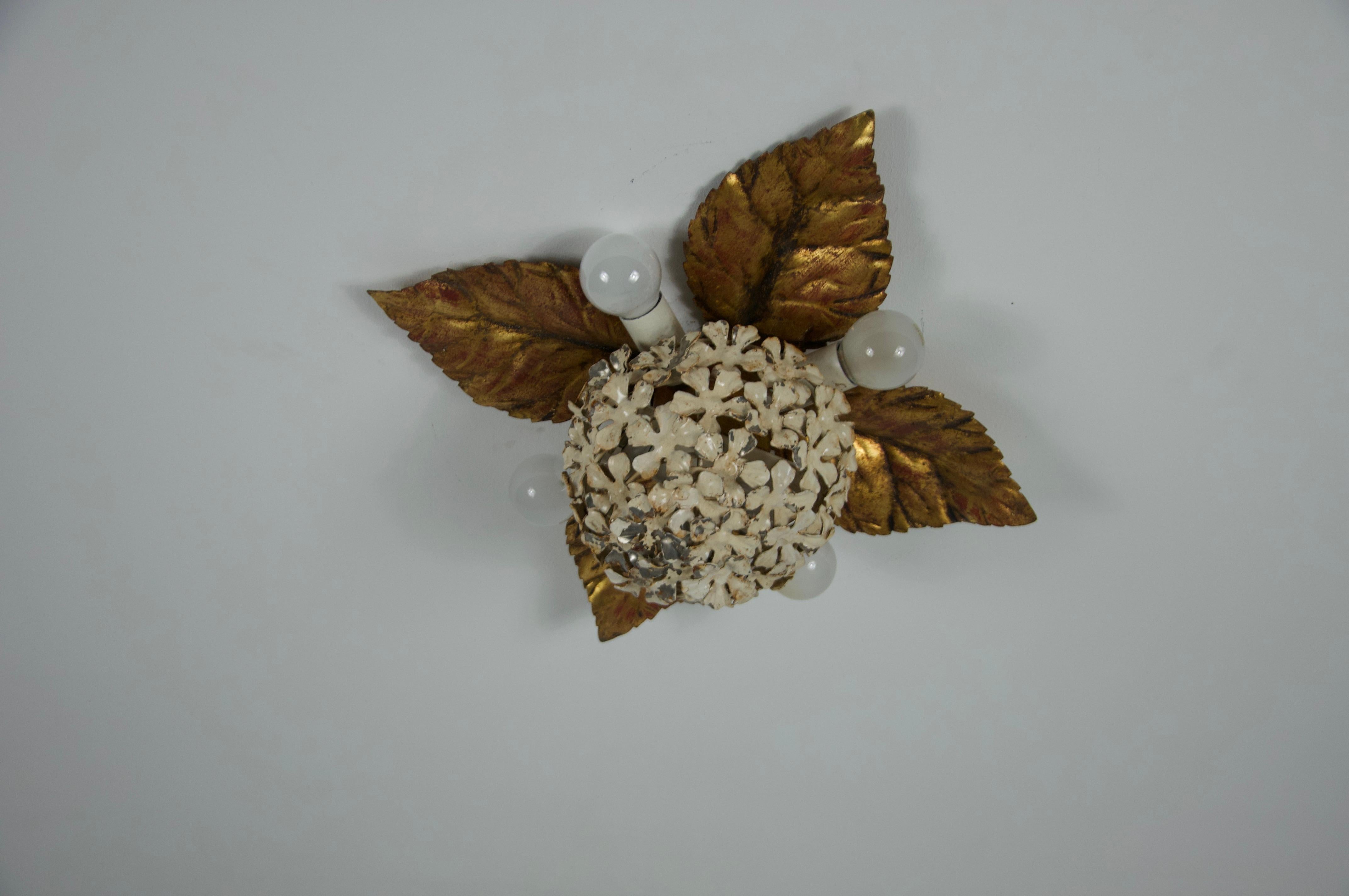 Metal Florentine Flower Shape Wall Lamp or Flush Mount by Hans Kögl, Germany, 1960s For Sale