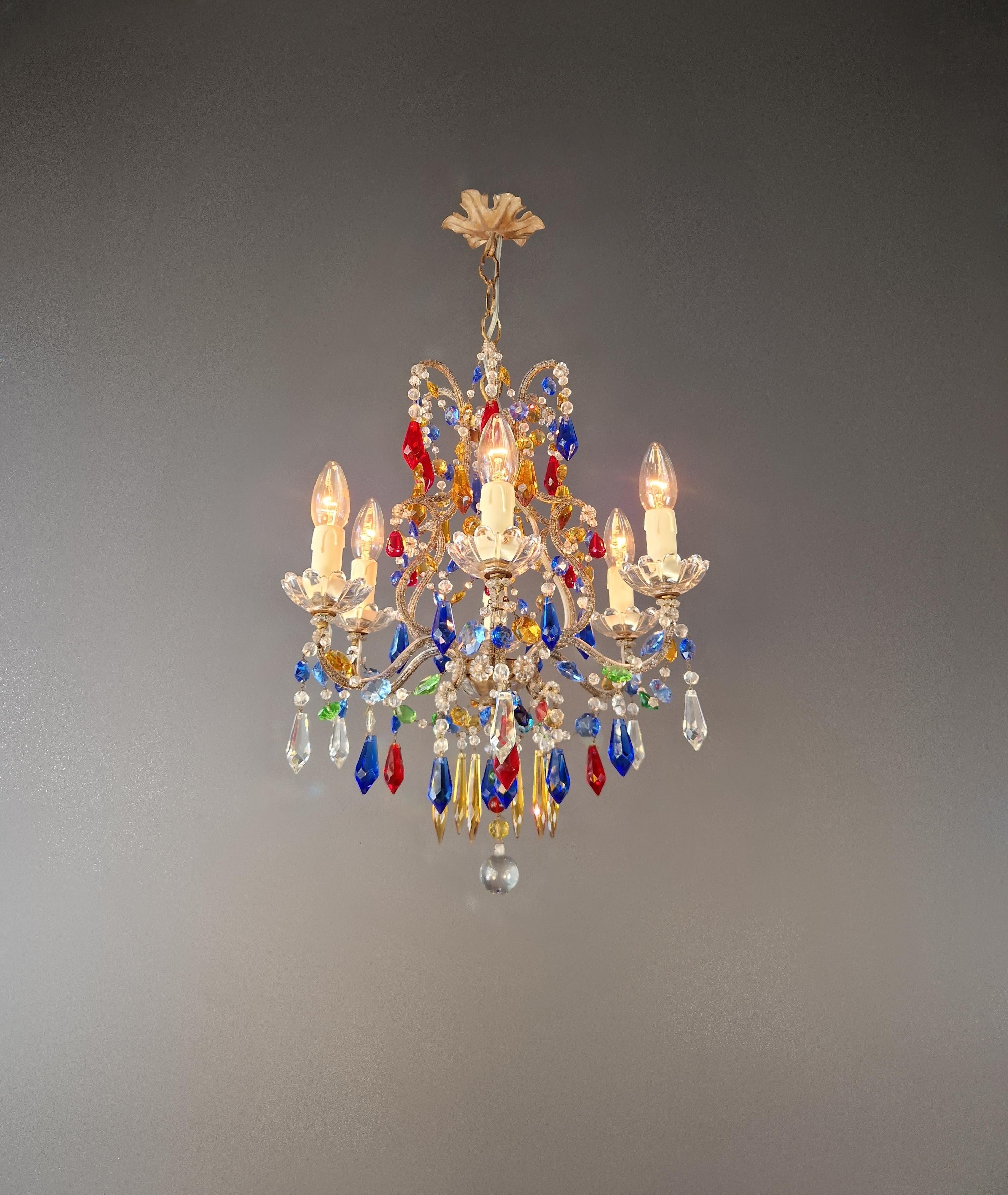 Rococo Florentine Gilded Iron Chandelier with Colored Crystals For Sale