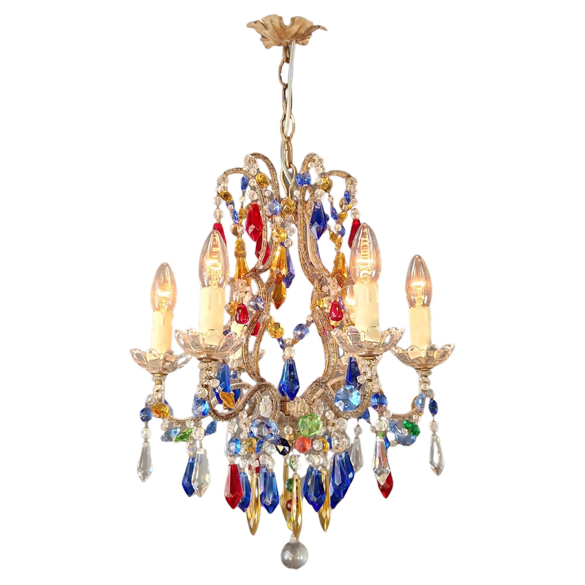 Florentine Gilded Iron Chandelier with Colored Crystals For Sale