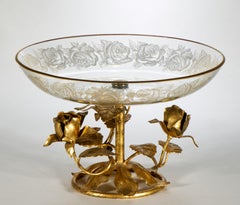 Centrotavola Tazza Florentine in metallo dorato e fiori in vetro, Italia, anni '60-'70