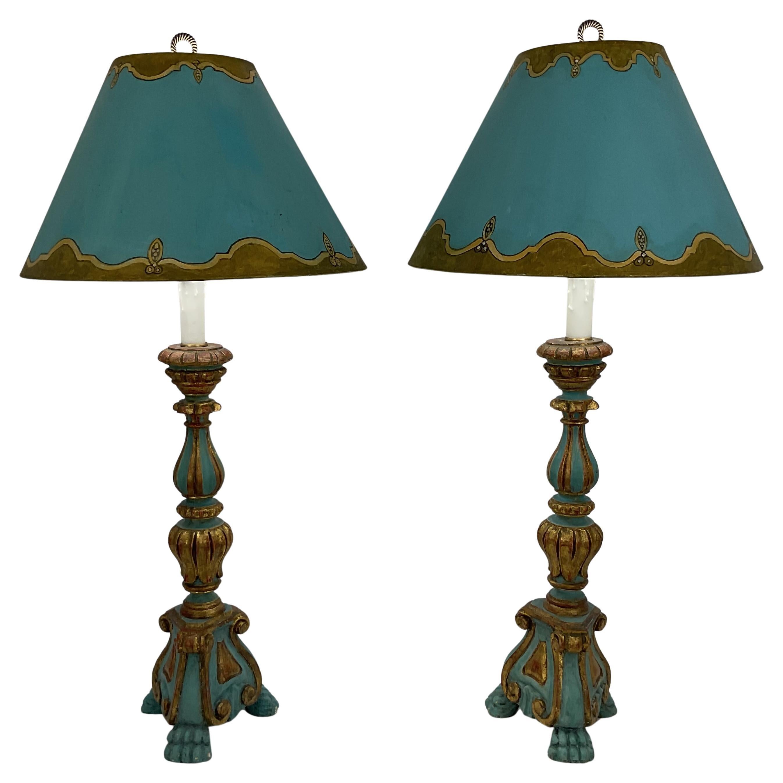 Florentine Gilt Wood Table Lamps with matching Hand Painted Shades