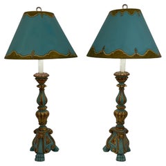 Lampade da tavolo in legno dorato Florentine con paralumi dipinti a mano abbinati