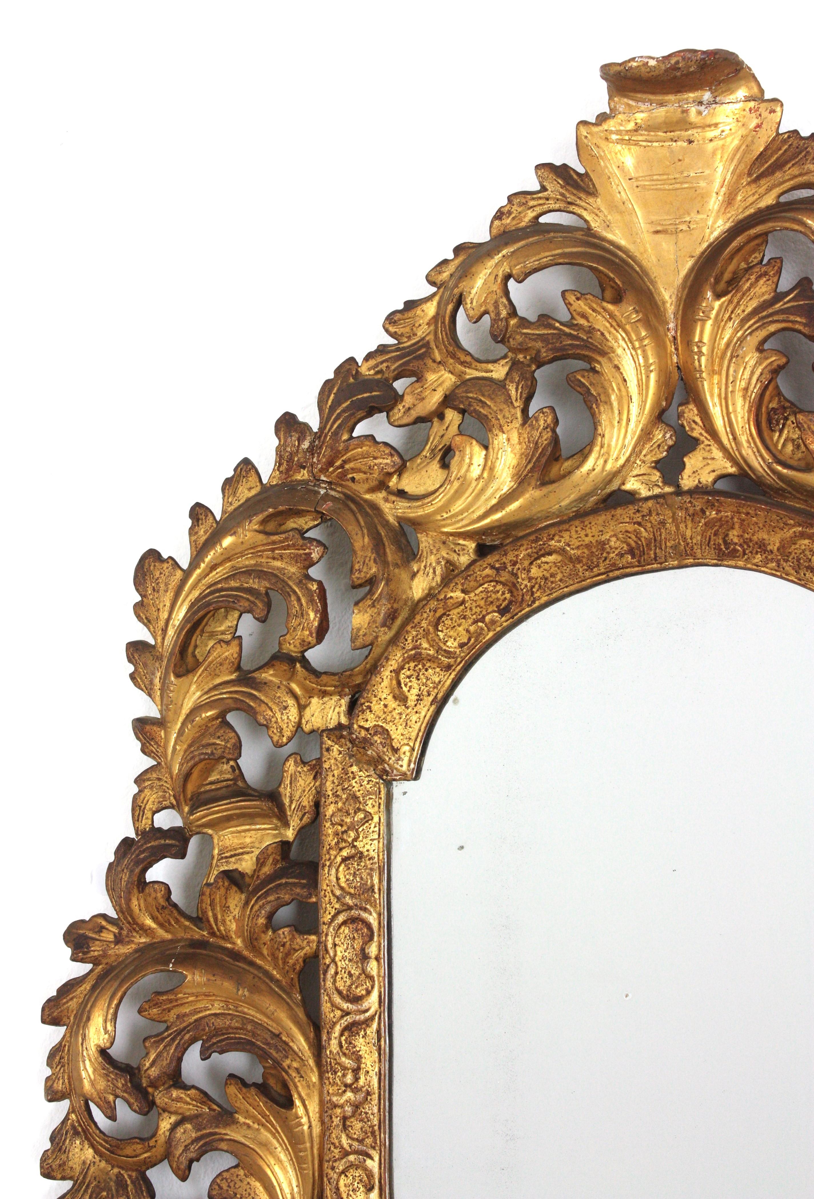 Italian Florentine Giltwood Mirror with Foliage Frame and Arched Top For Sale
