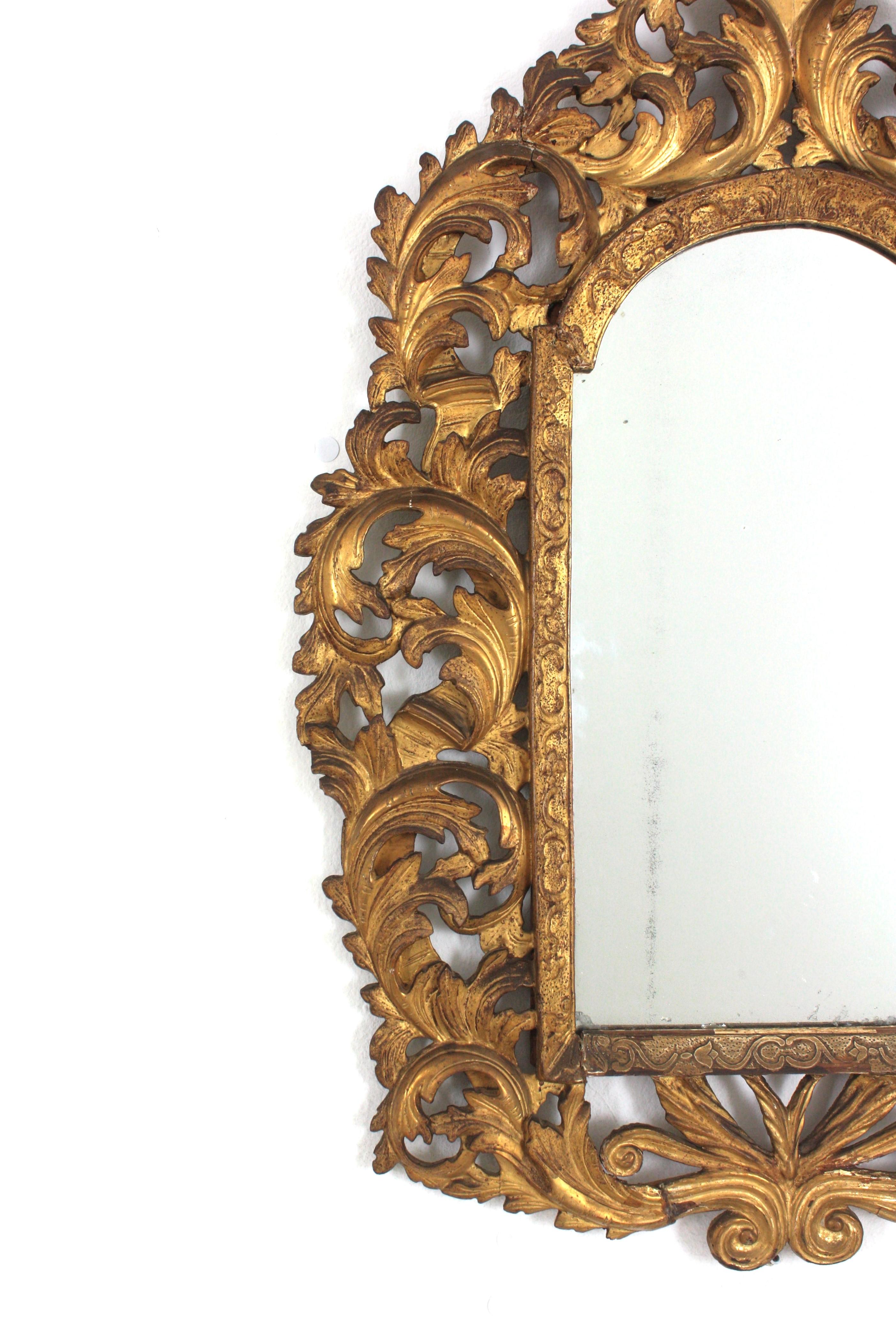 20th Century Florentine Giltwood Mirror with Foliage Frame and Arched Top For Sale