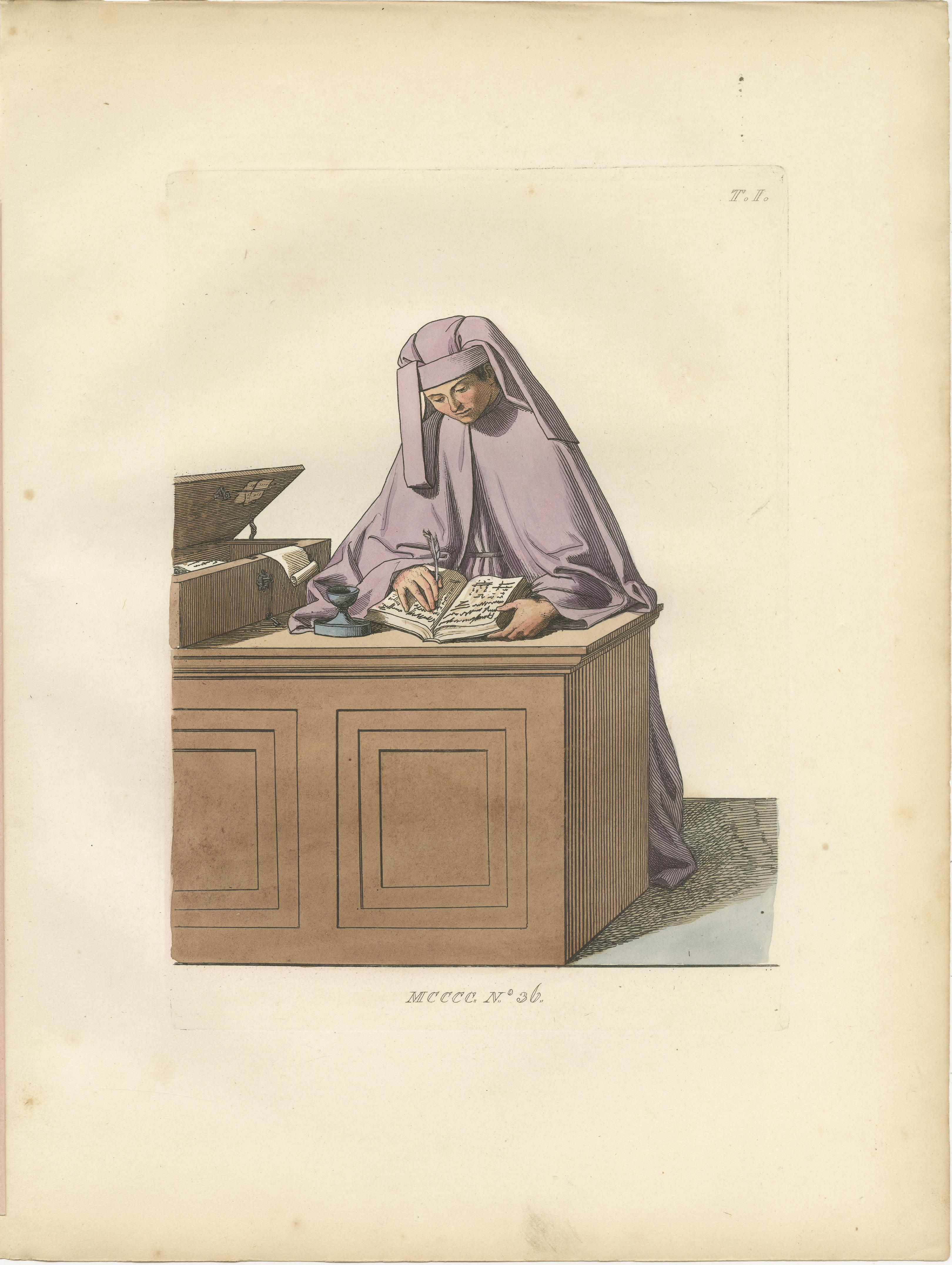 Engraved Florentine Grace, Jewish Scholar & Renaissance Notary in Costume, Print of 1845 For Sale