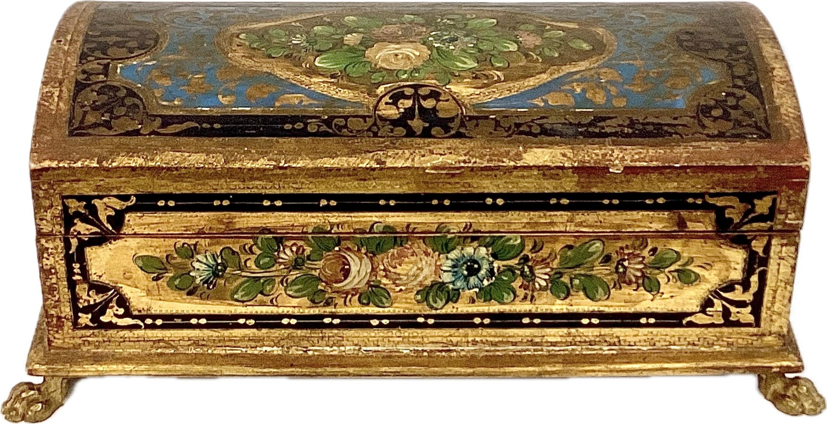 Caja de Baratijas Florentina de Madera Dorada Pintada a Mano con Pies de Pata en venta 3