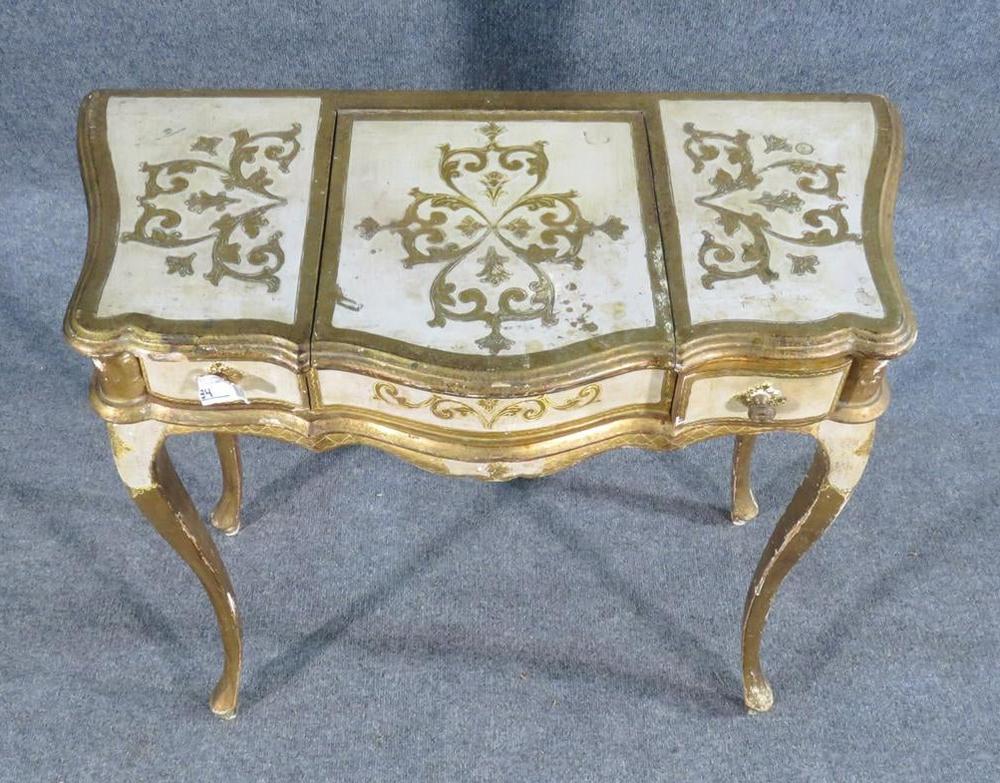 Early 20th Century Florentine Italian Gilded Gold Leaf Ladies Mirrored Vanity Makeup Table C1920