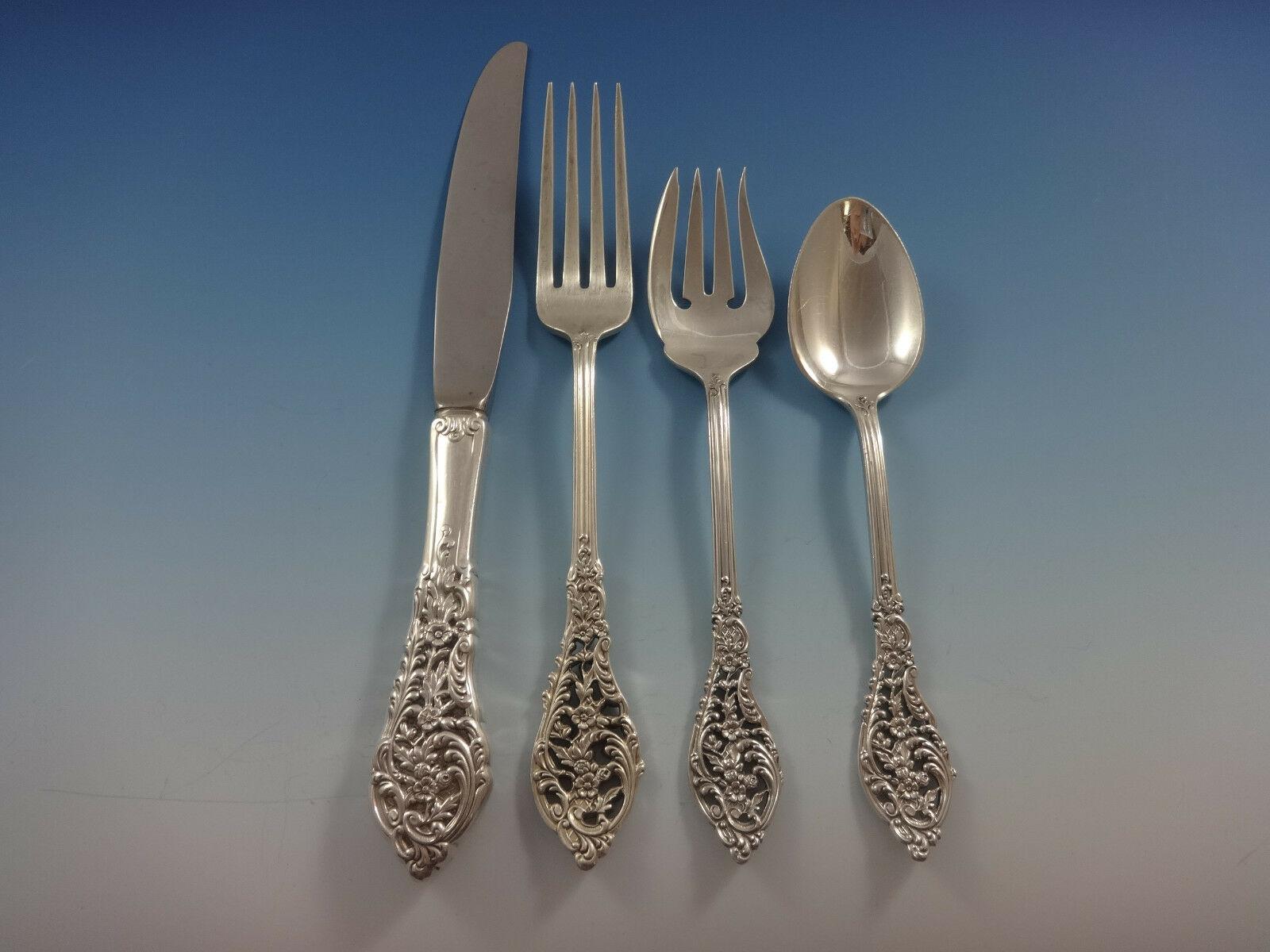 Mid-20th Century Florentine Lace by Reed & Barton Sterling Silver Flatware Service 8 Set 59 Pcs For Sale