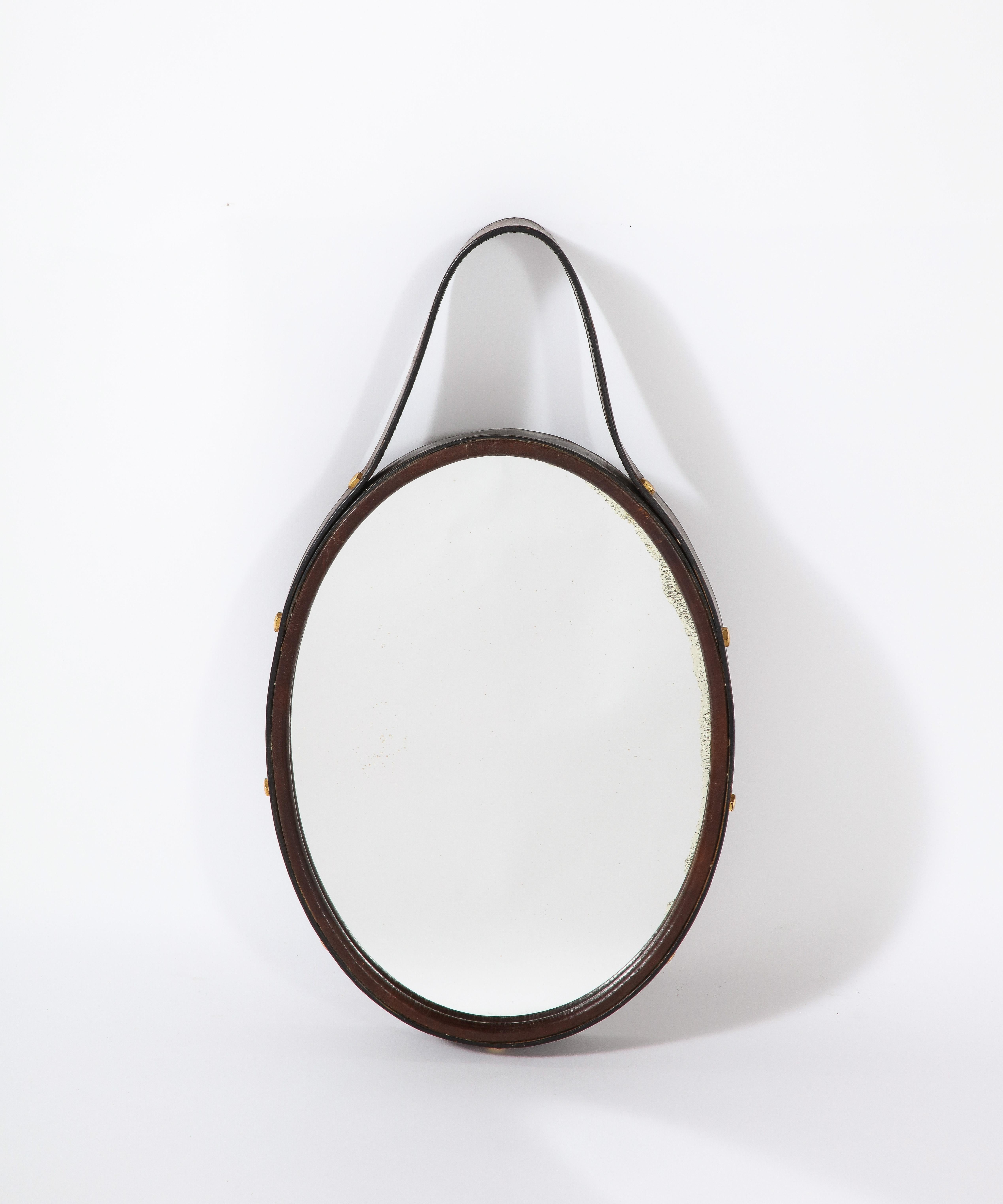 European Florentine Leather Wrapped Oval Mirror, Italy, 1960's For Sale