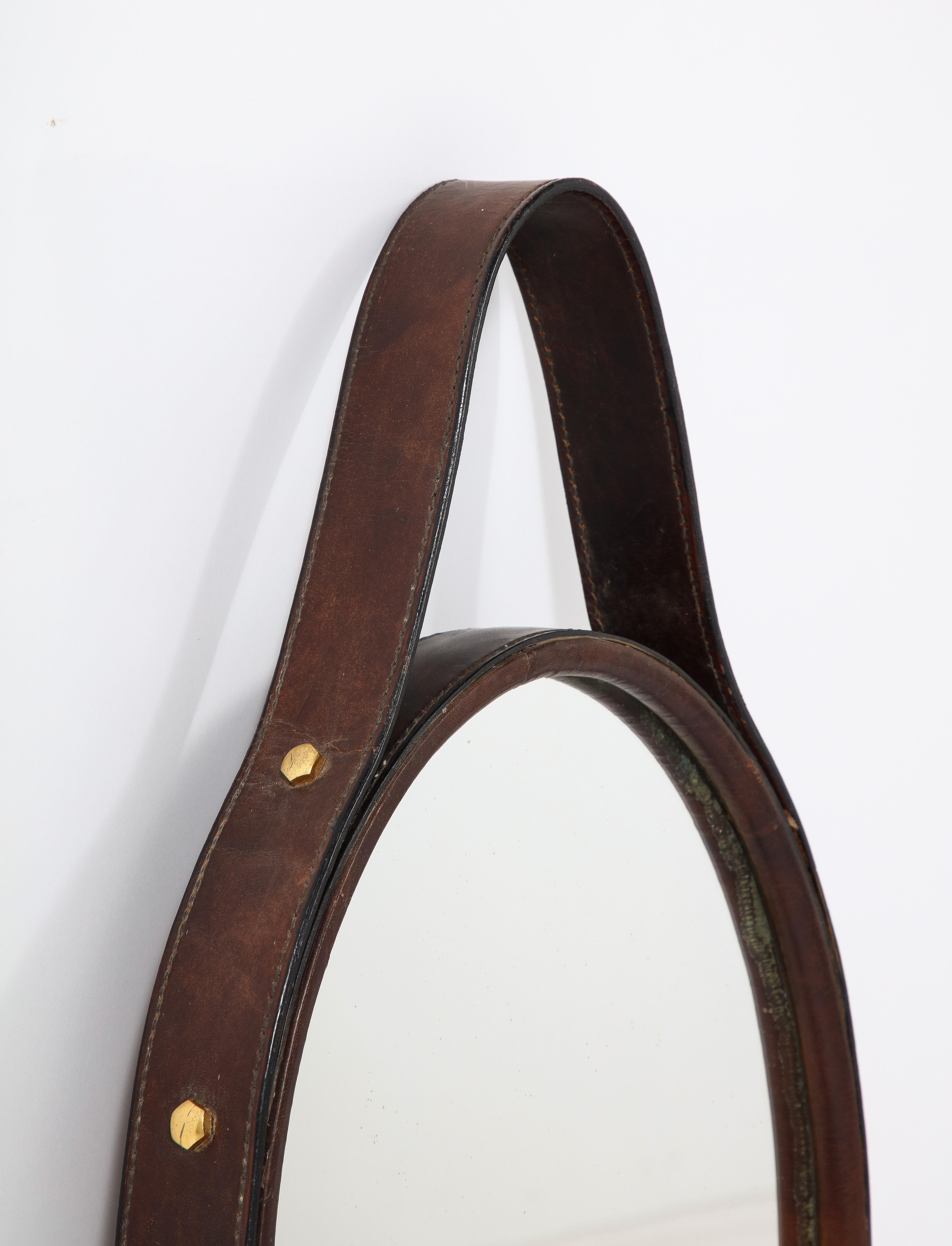 Florentine Leather Wrapped Oval Mirror, Italy, 1960's In Good Condition For Sale In New York, NY