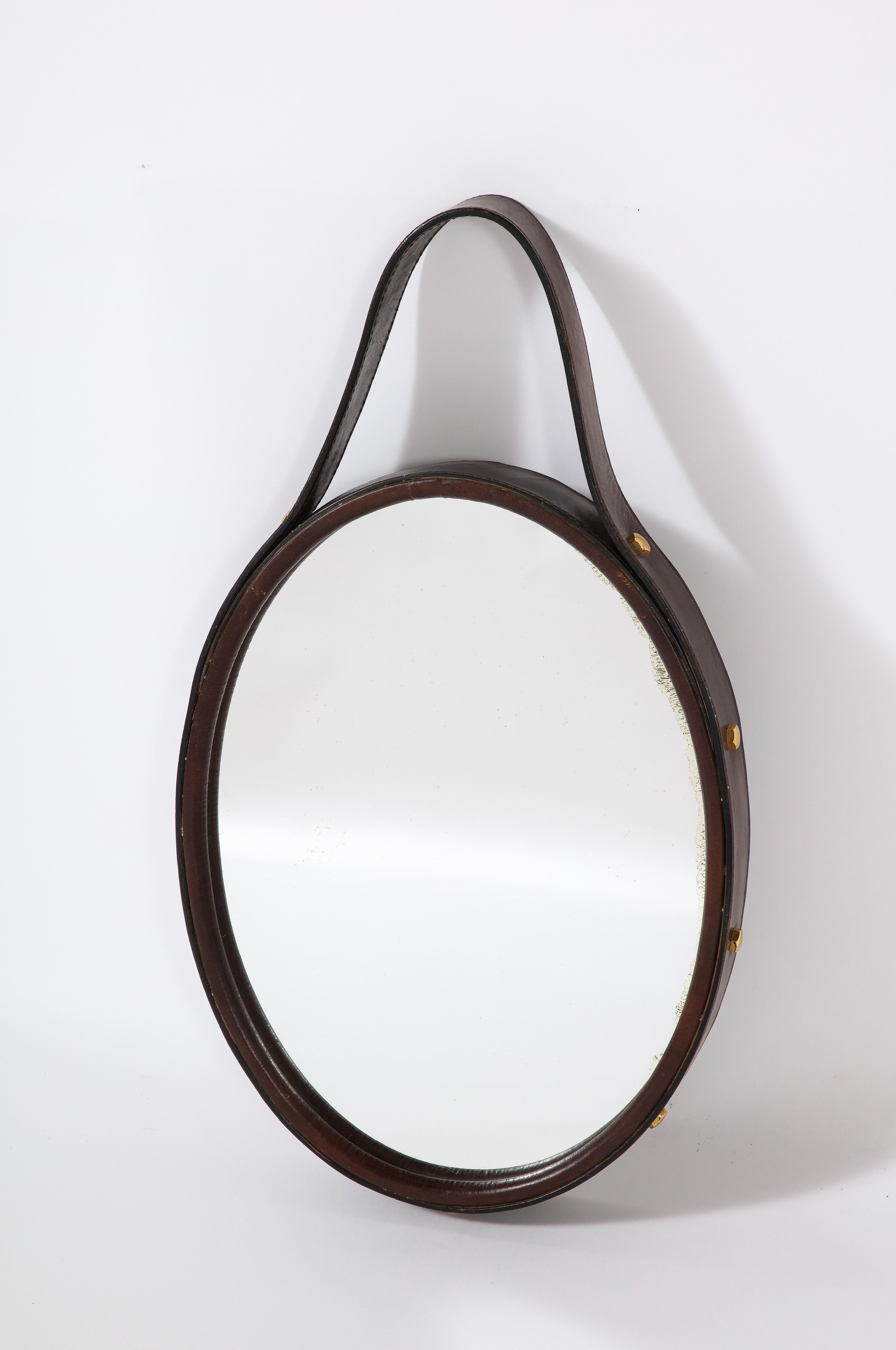 Brass Florentine Leather Wrapped Oval Mirror, Italy, 1960's For Sale