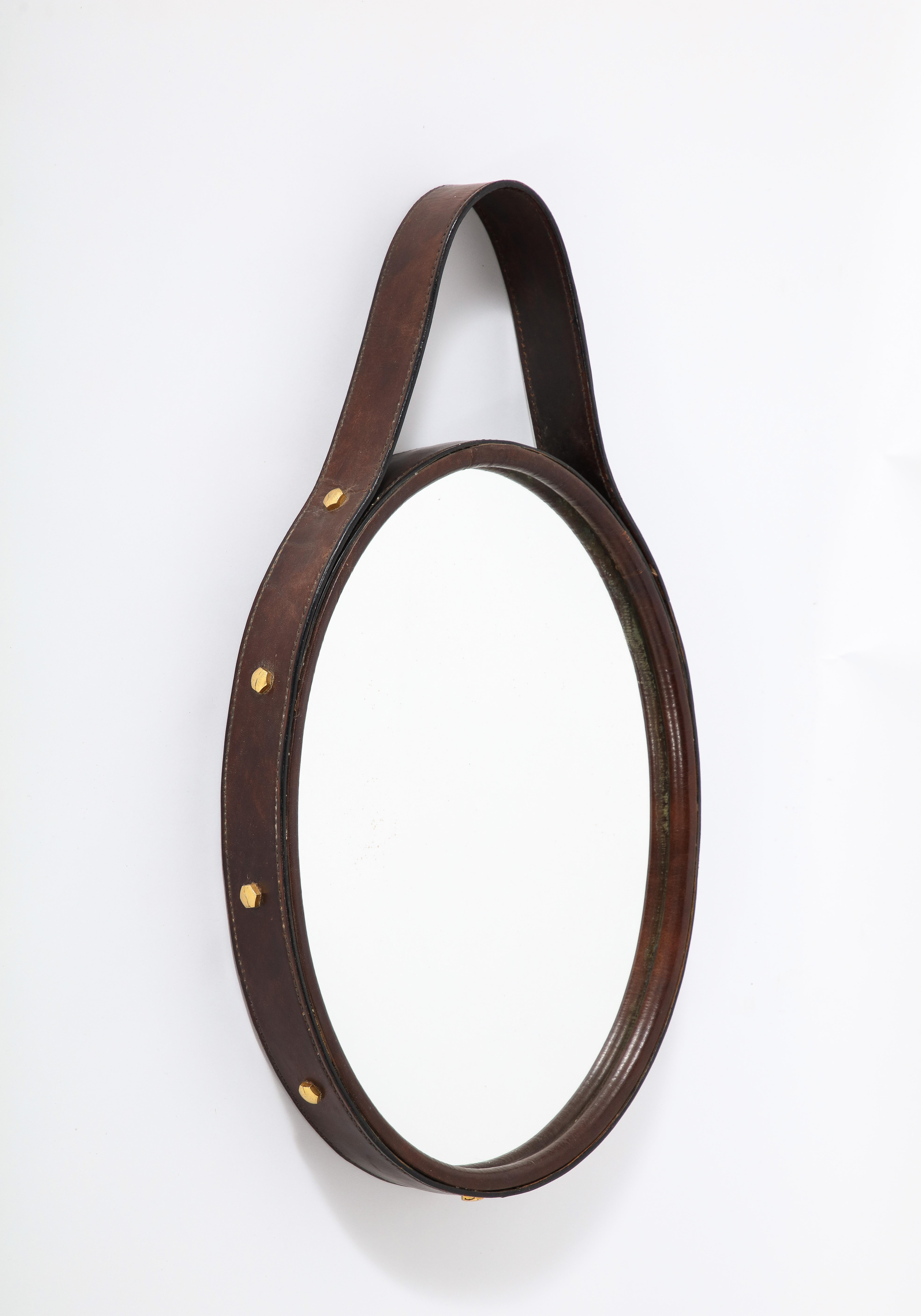 Florentine Leather Wrapped Oval Mirror, Italy, 1960's For Sale 3