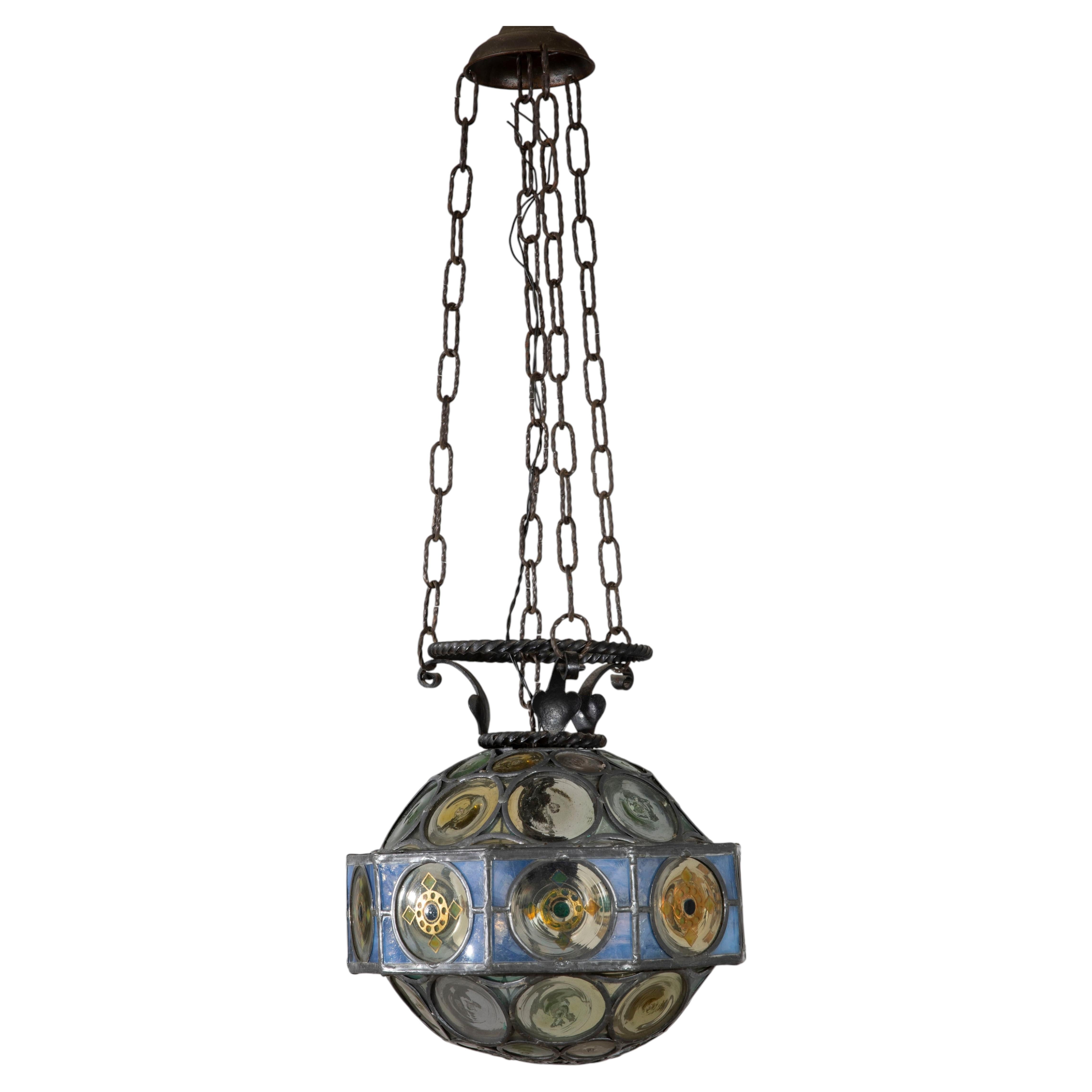 Florentine Liberty Wrought Iron and Lead Glass Lantern Chandelier, early 20th cent
