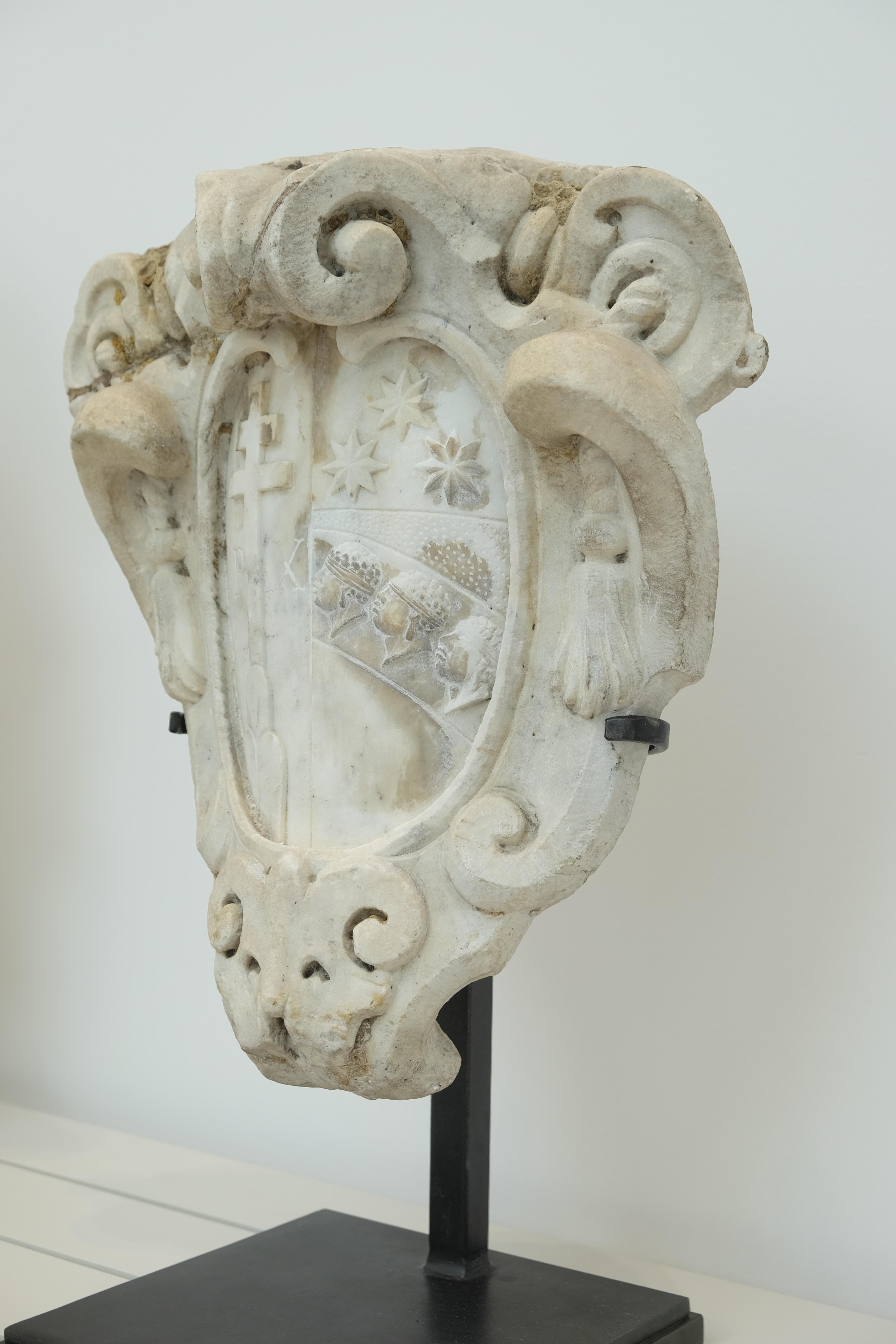 Carved Florentine Marble Stemma 'Cartouche' on Steel Stand-Pucci Family, 16th Century