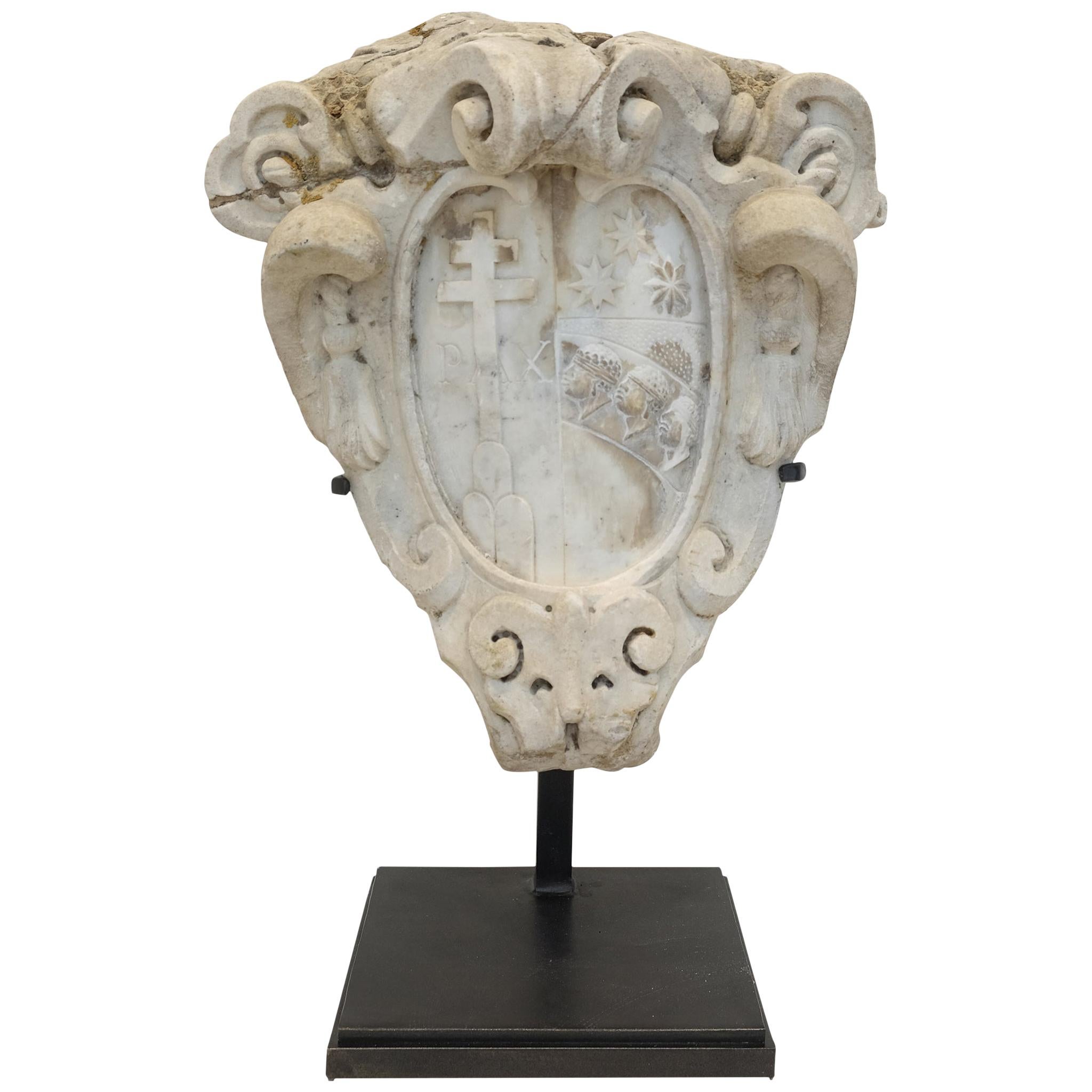 Florentine Marble Stemma 'Cartouche' on Steel Stand-Pucci Family, 16th Century