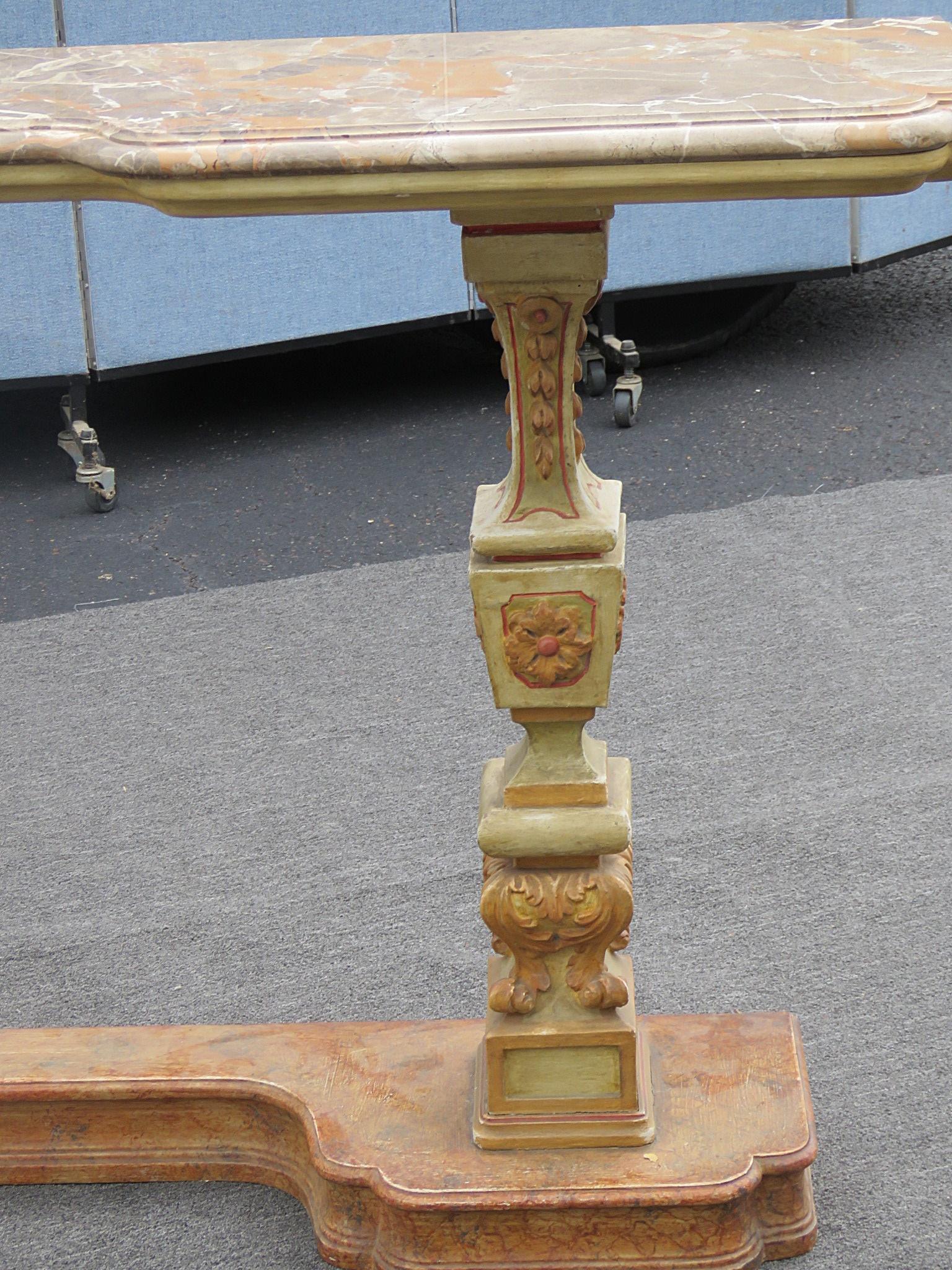 Neoclassical Italian Florentine Style Carved Painted Console Table with Marble Top C 1920s