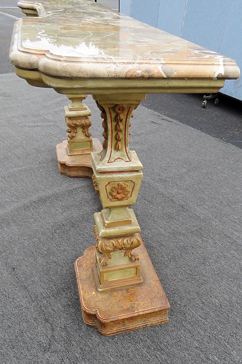 Italian Florentine Style Carved Painted Console Table with Marble Top C 1920s 1