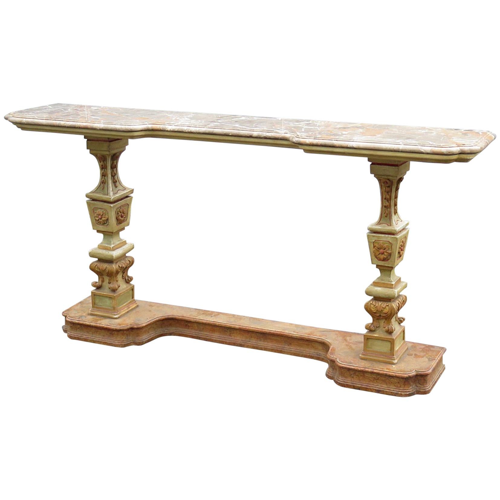 Italian Florentine Style Carved Painted Console Table with Marble Top C 1920s