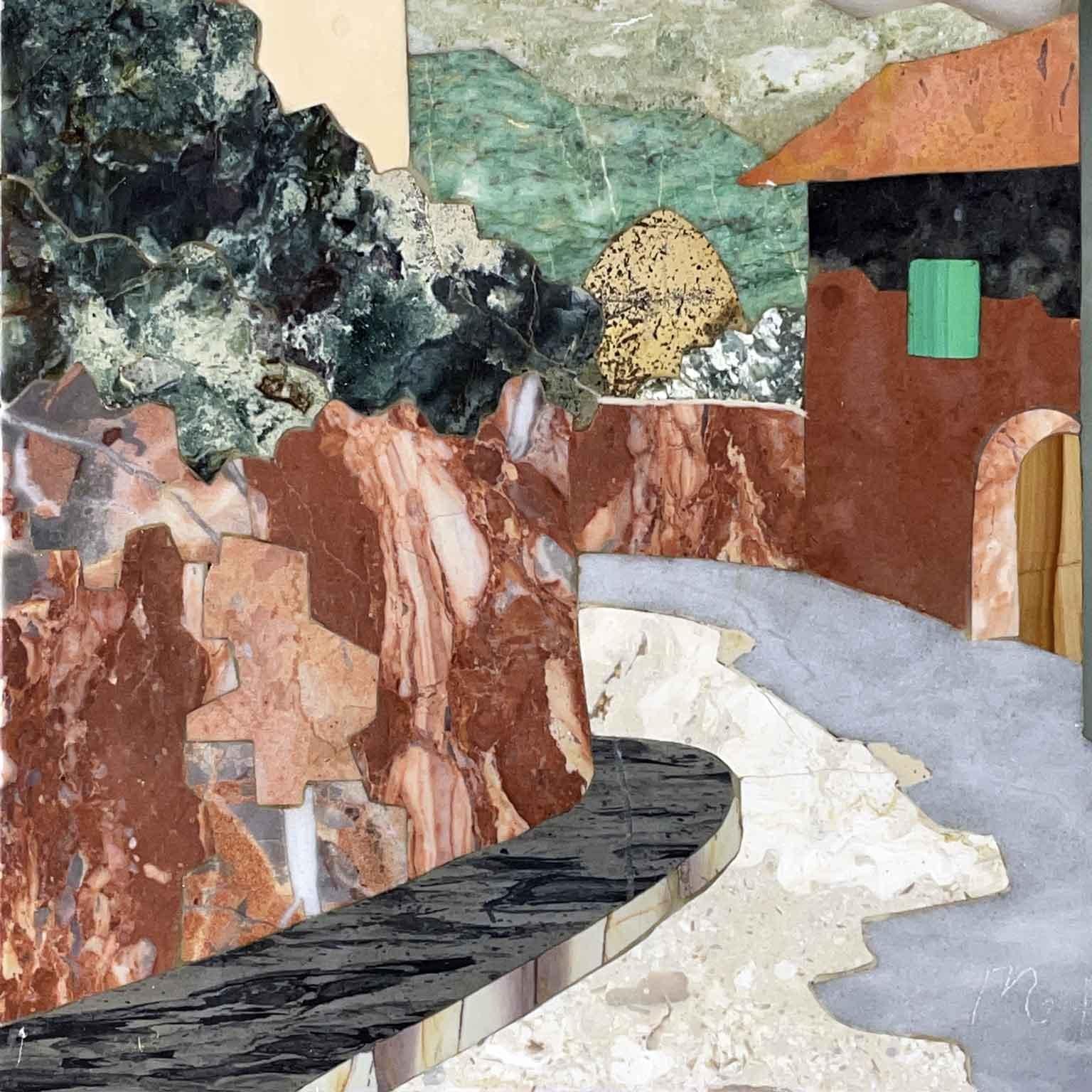 Inlay Florentine Mosaic Pietra Dura Italian Street View with Landscape 1950 circa