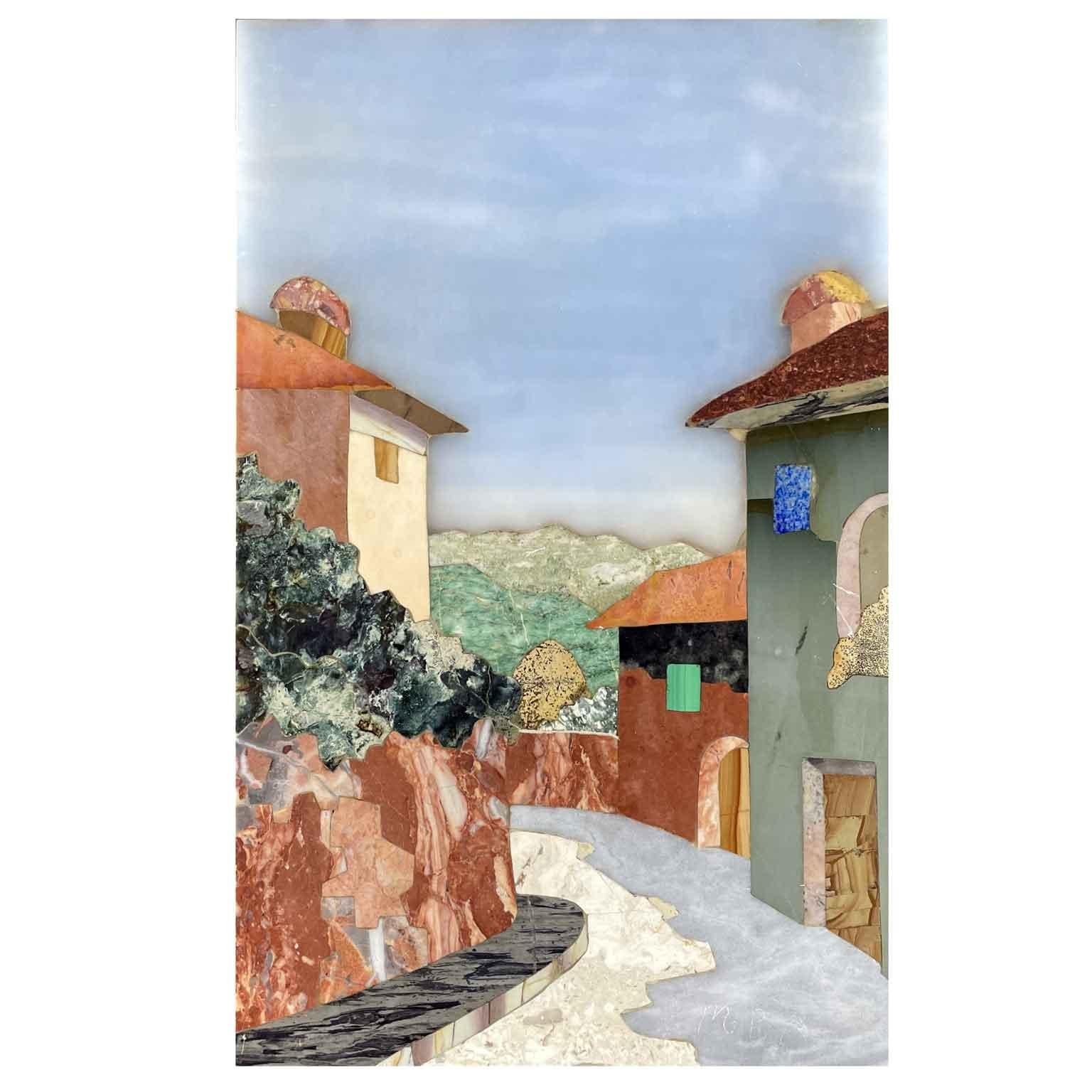 Marble Florentine Mosaic Pietra Dura Italian Street View with Landscape 1950 circa