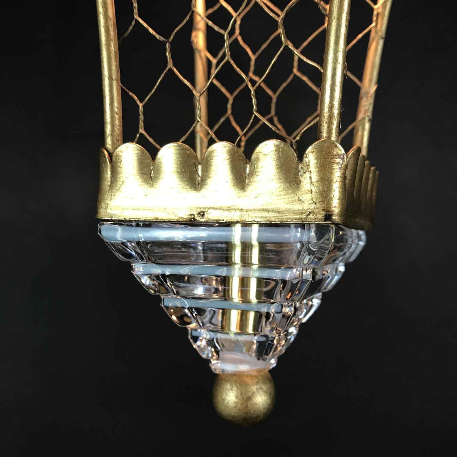 20th Century Florentine Pagoda Pendant by Banci Italian Gilded Lantern with Crystals 1990s For Sale