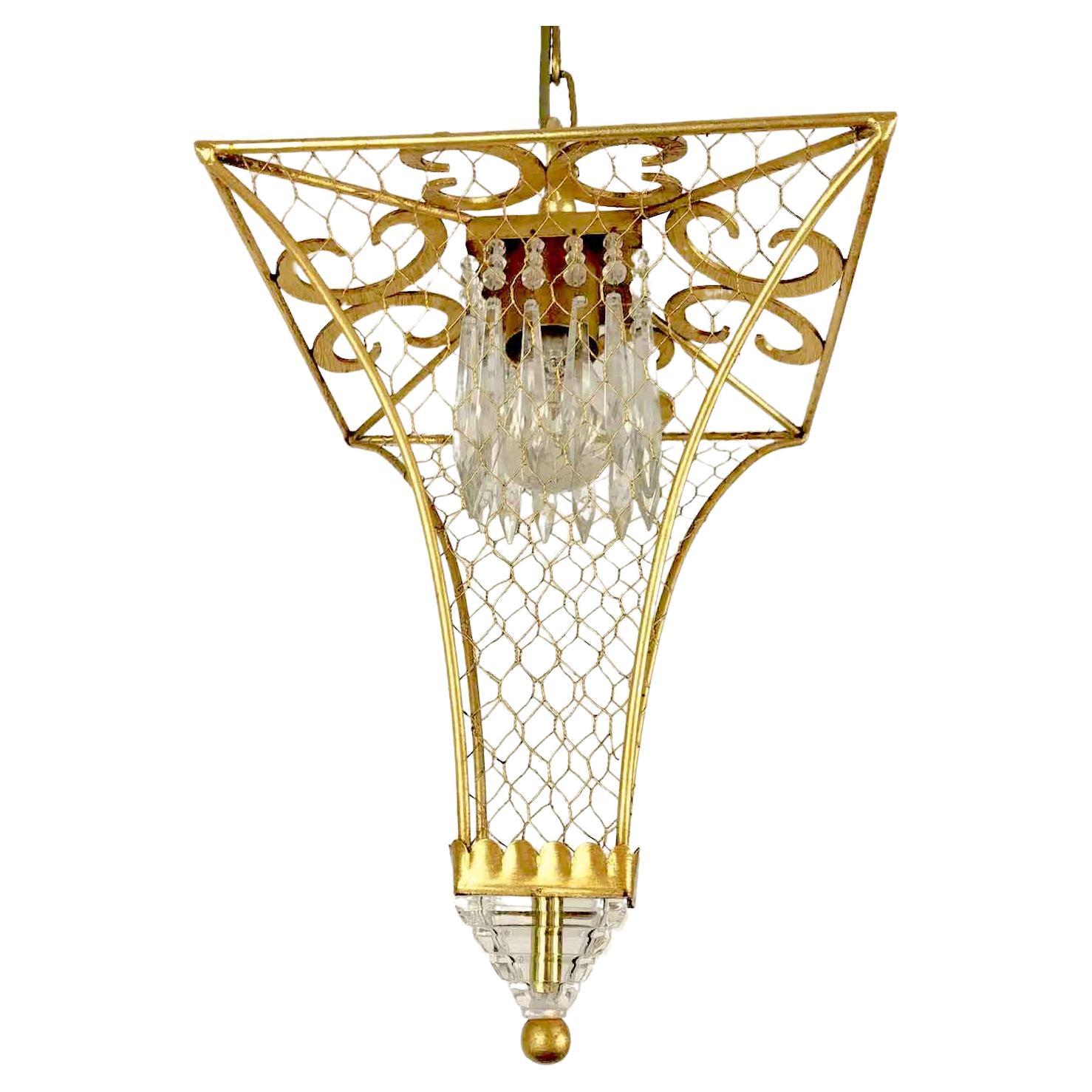 Florentine Pagoda Pendant by Banci Italian Gilded Lantern with Crystals 1990s