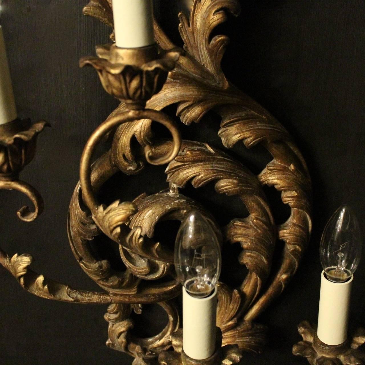 Italian Florentine Pair of Four-Arm Silver Gilded Wall Lights