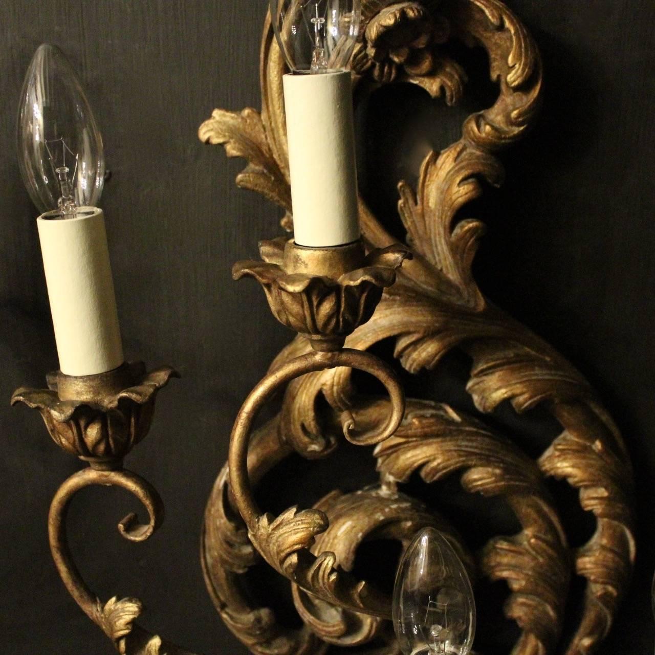 20th Century Florentine Pair of Four-Arm Silver Gilded Wall Lights