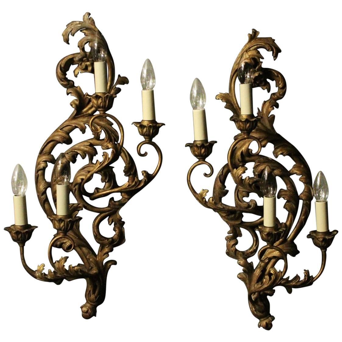Florentine Pair of Four-Arm Silver Gilded Wall Lights