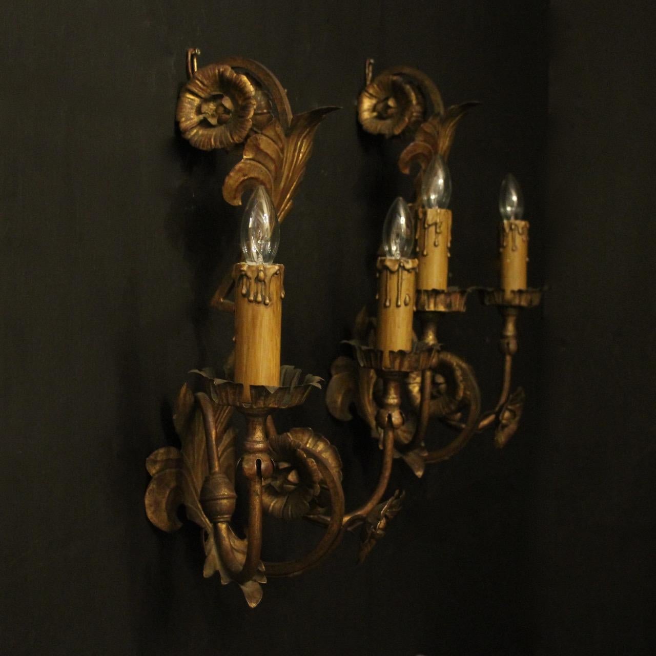 Florentine Pair of Gilded Leaf Twin Arm Antique Wall Lights 4