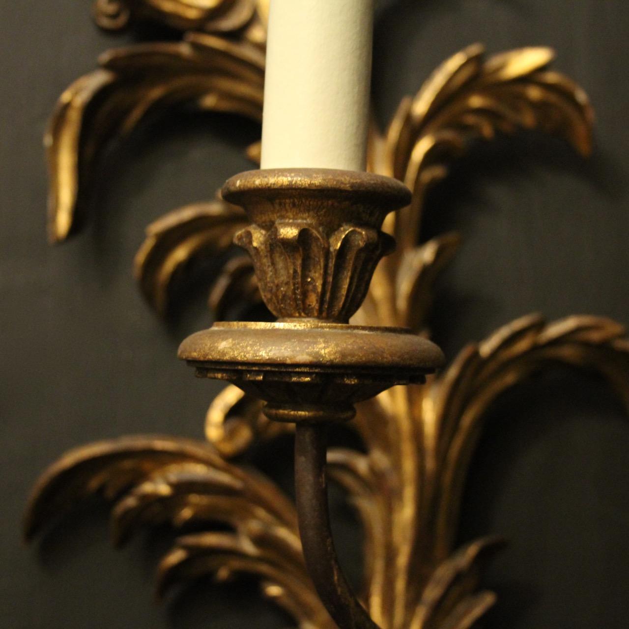 Florentine Pair of Giltwood Leaf Wall Lights In Good Condition In Chester, GB